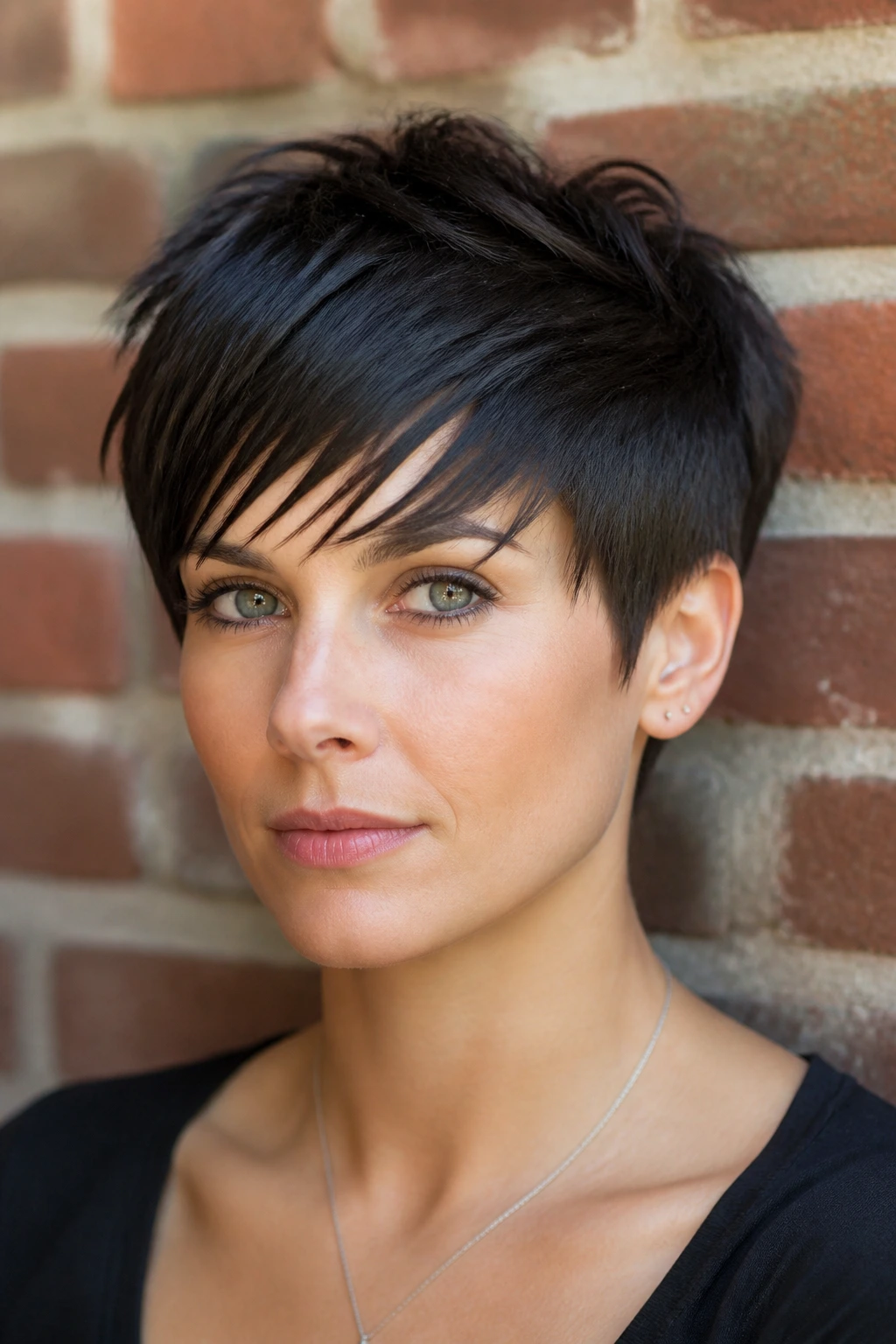 Close-up of real woman with sliced pixie sweep fringe