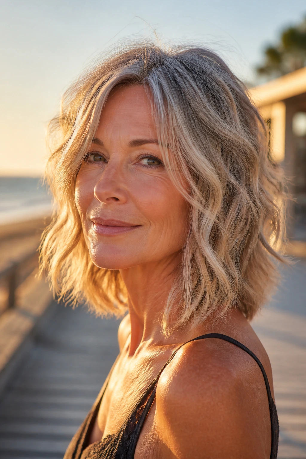Portrait of a real woman with a sliced wavy lob showing light, sliced ends and natural waves at golden hour.