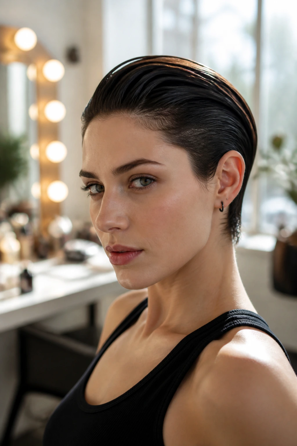 Close-up portrait of a real person with a glossy slick-back crop.