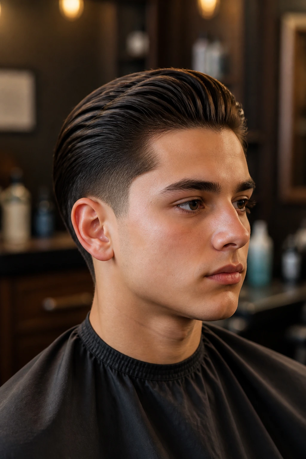 Boy with slicked-back hair and low taper in a barbershop
