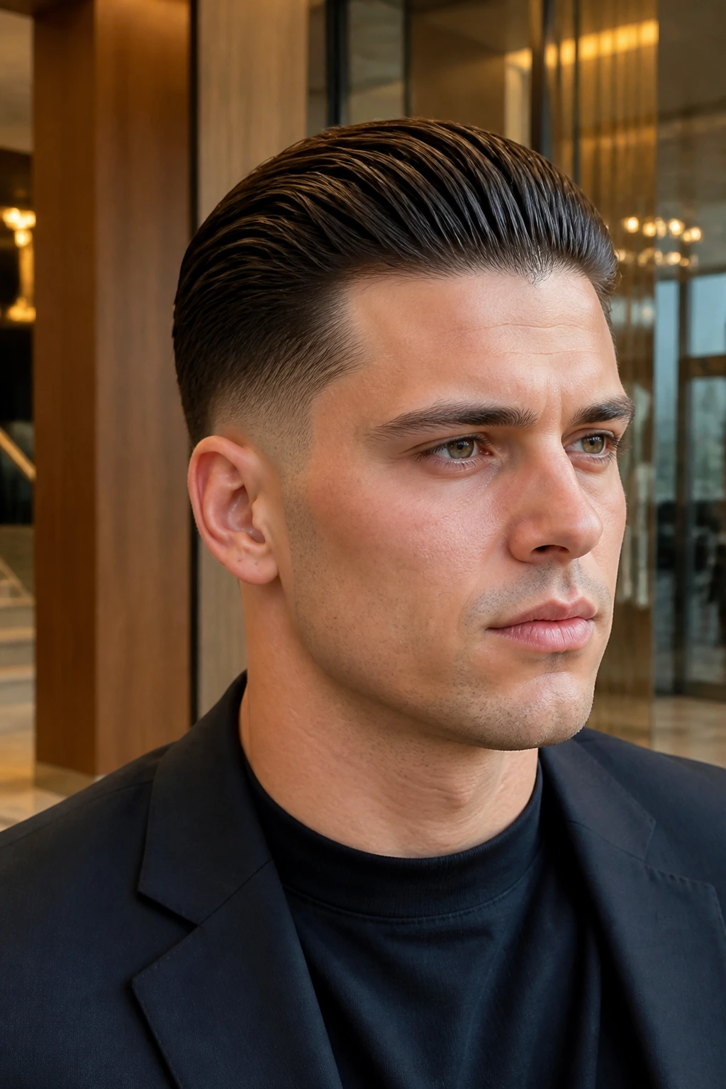Close portrait of a man with slicked-back hair and taper fade