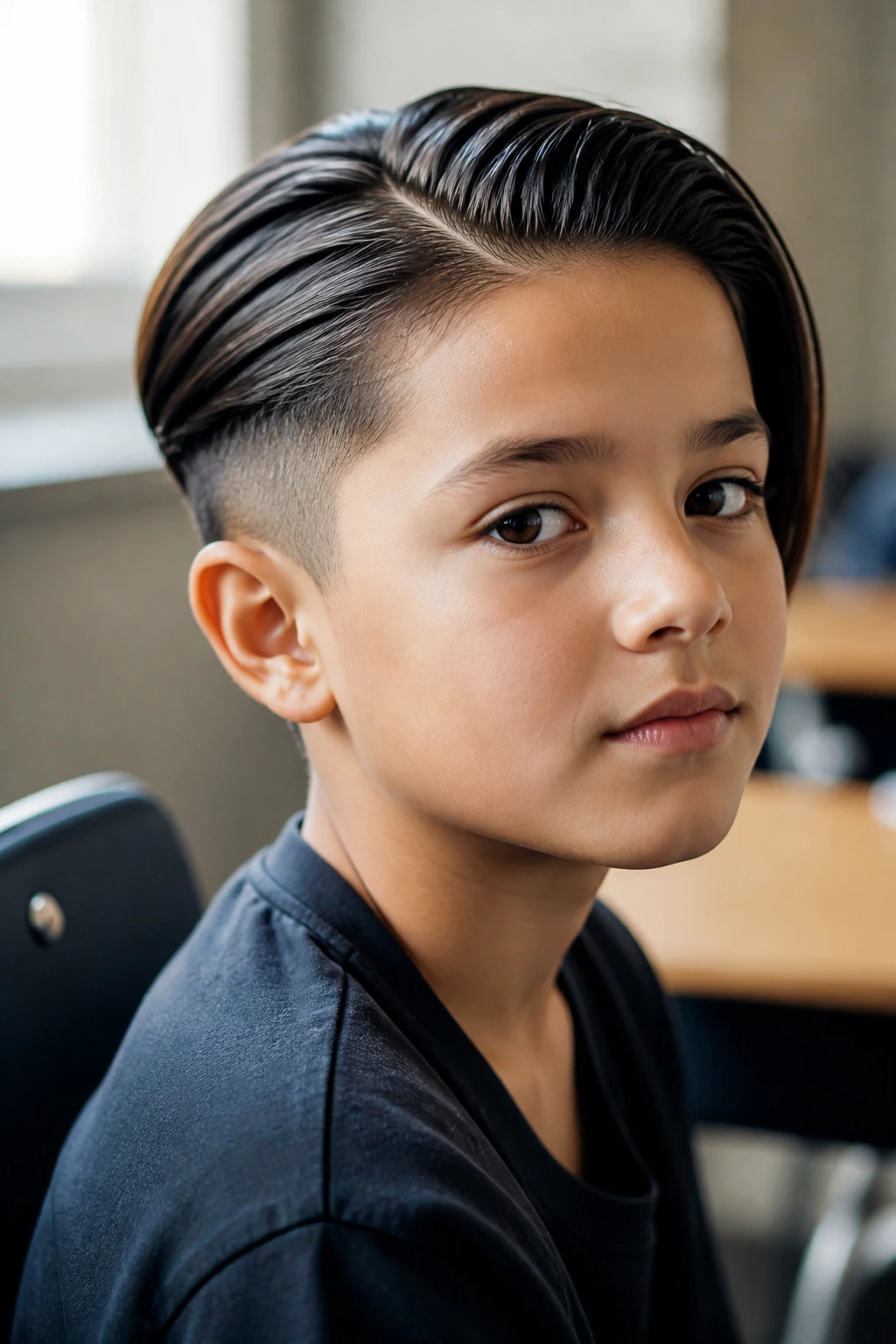 Portrait of a boy with a slick, school-ready bob and neat finish