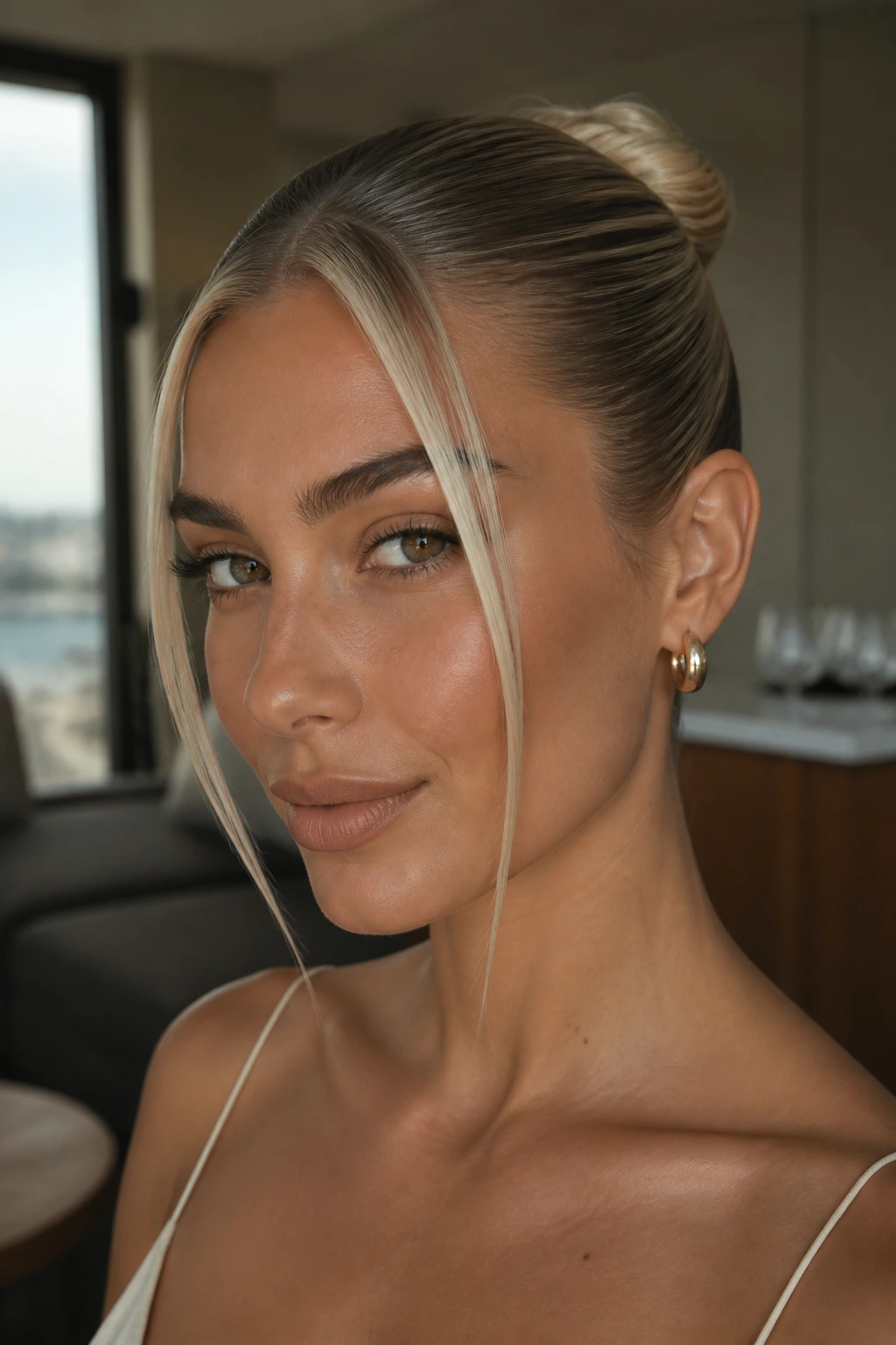 Real woman with olive skin in a slick bun with two face-framing blonde strands