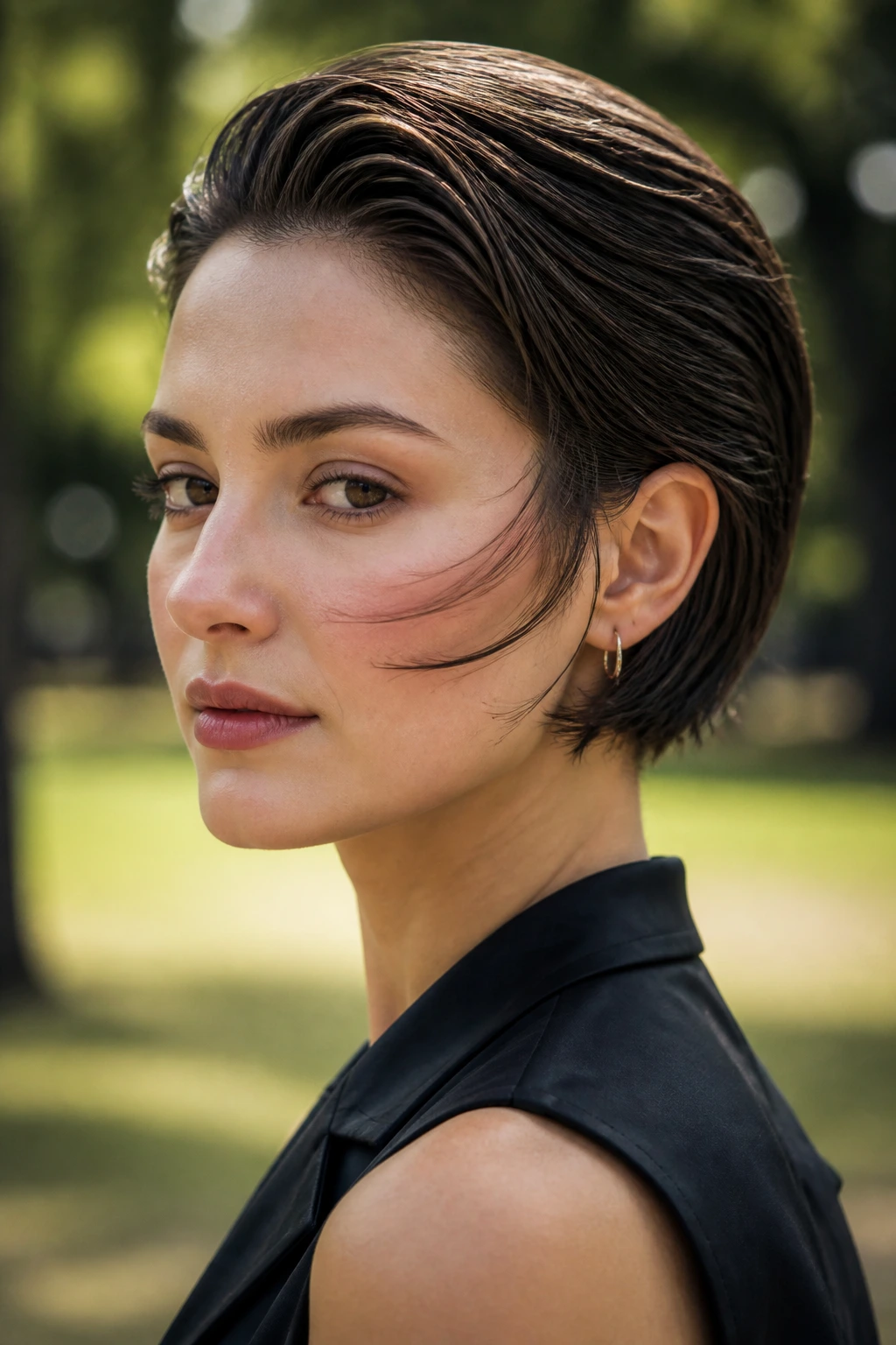 Portrait of a real person with short hair styled to move naturally in a gentle breeze