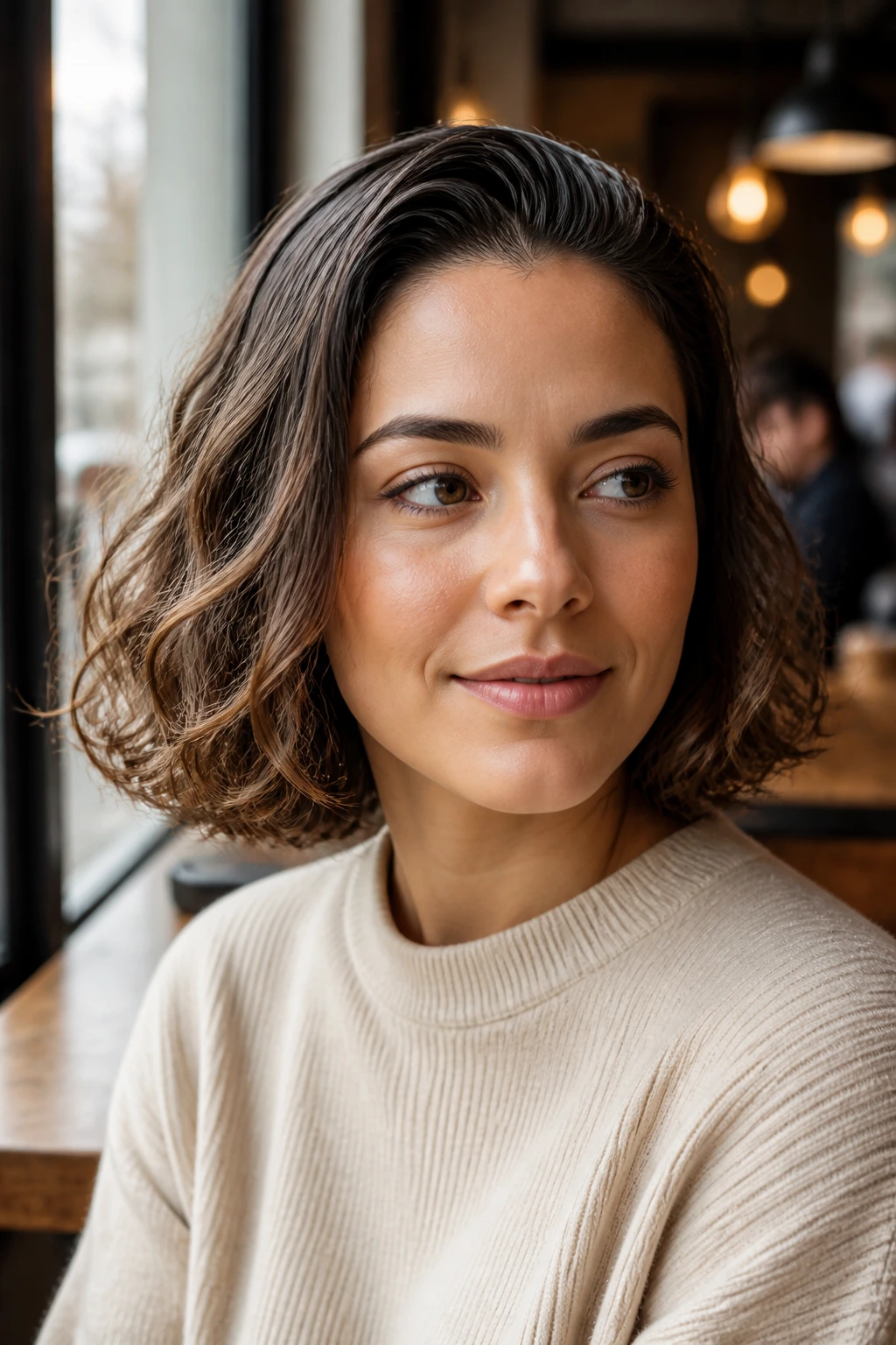 Portrait of a woman with slick-root loose curl bob at neck length