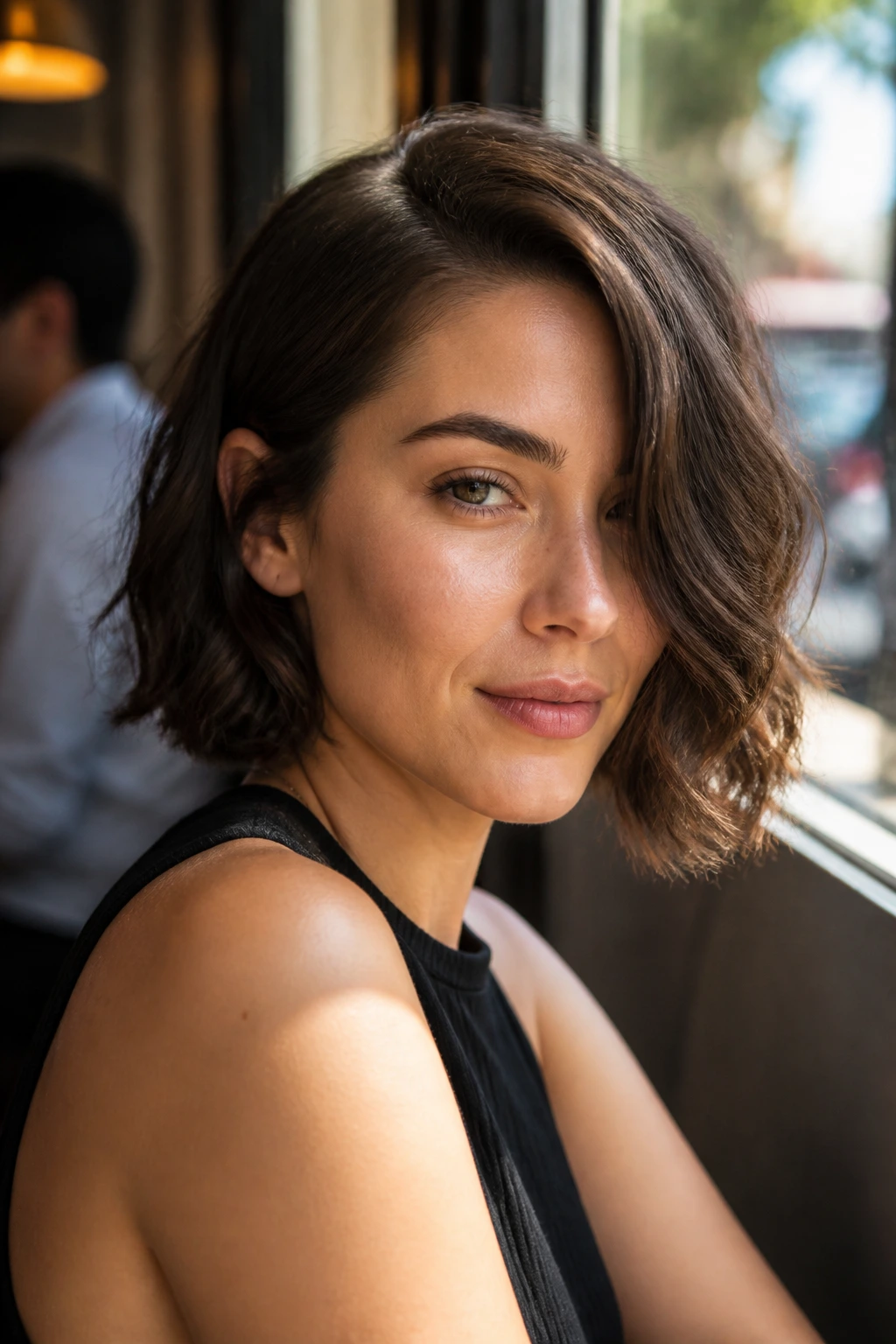 Real woman with slick side-part bob, waves and shine in a cafe window setting.