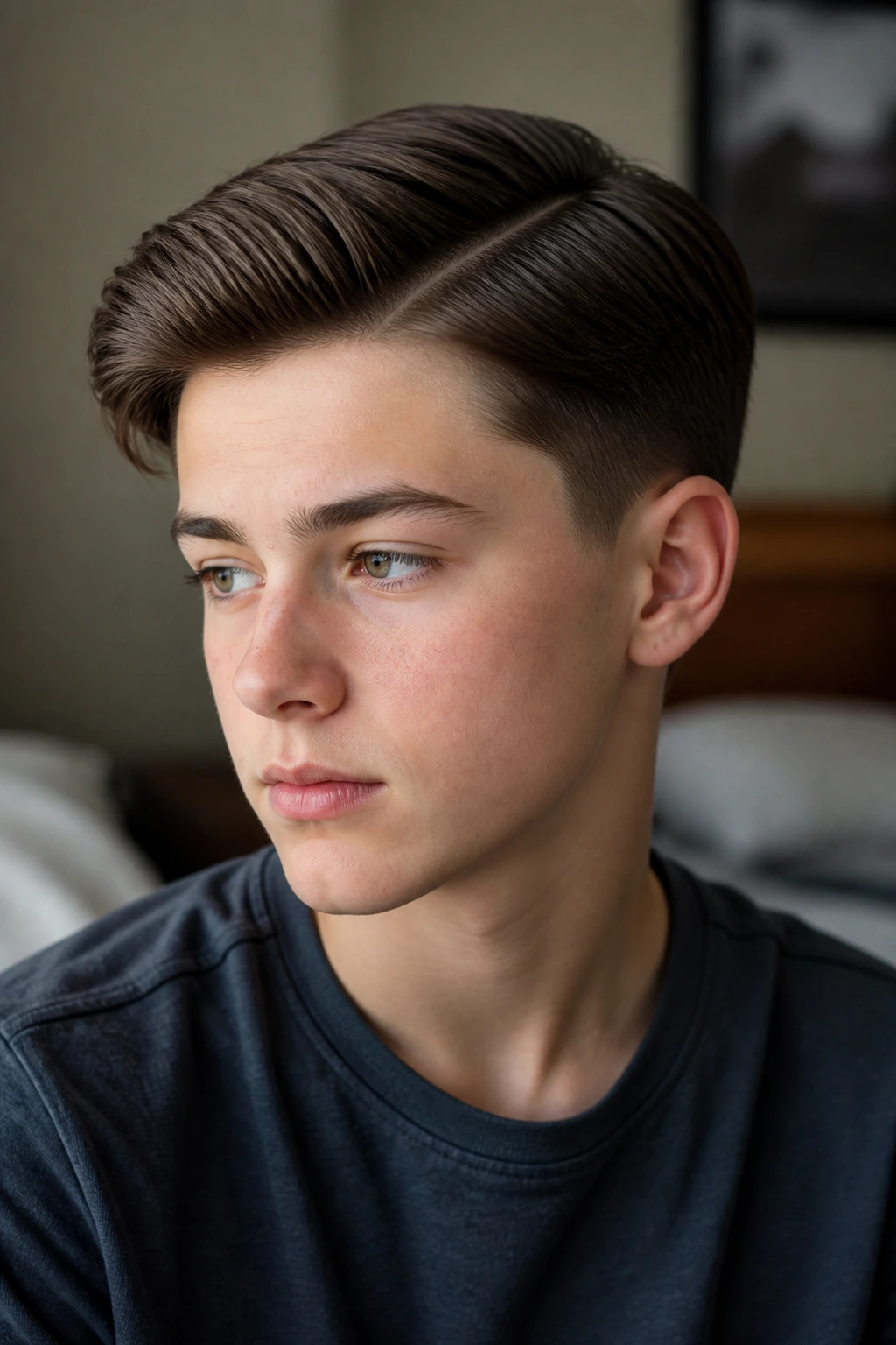 Close-up portrait of a teenage boy with a slick side part and low taper