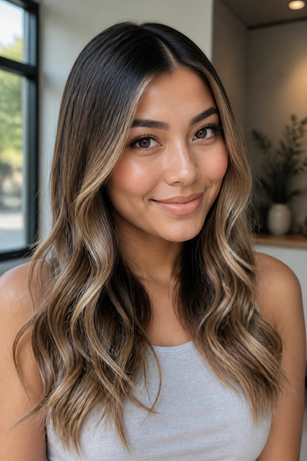 Portrait of a woman with a slick top and wavy ends with pearl babylights