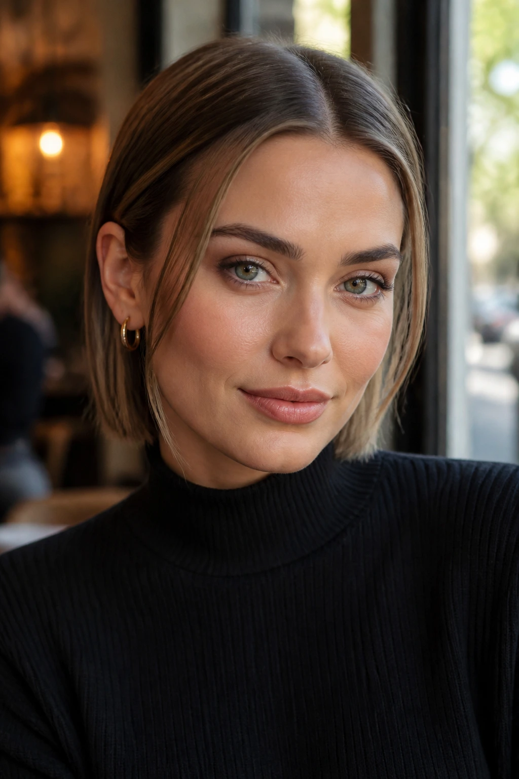 Close-up portrait of a real woman with a slick tuck-behind-ear hairstyle and front-length pieces framing the cheeks