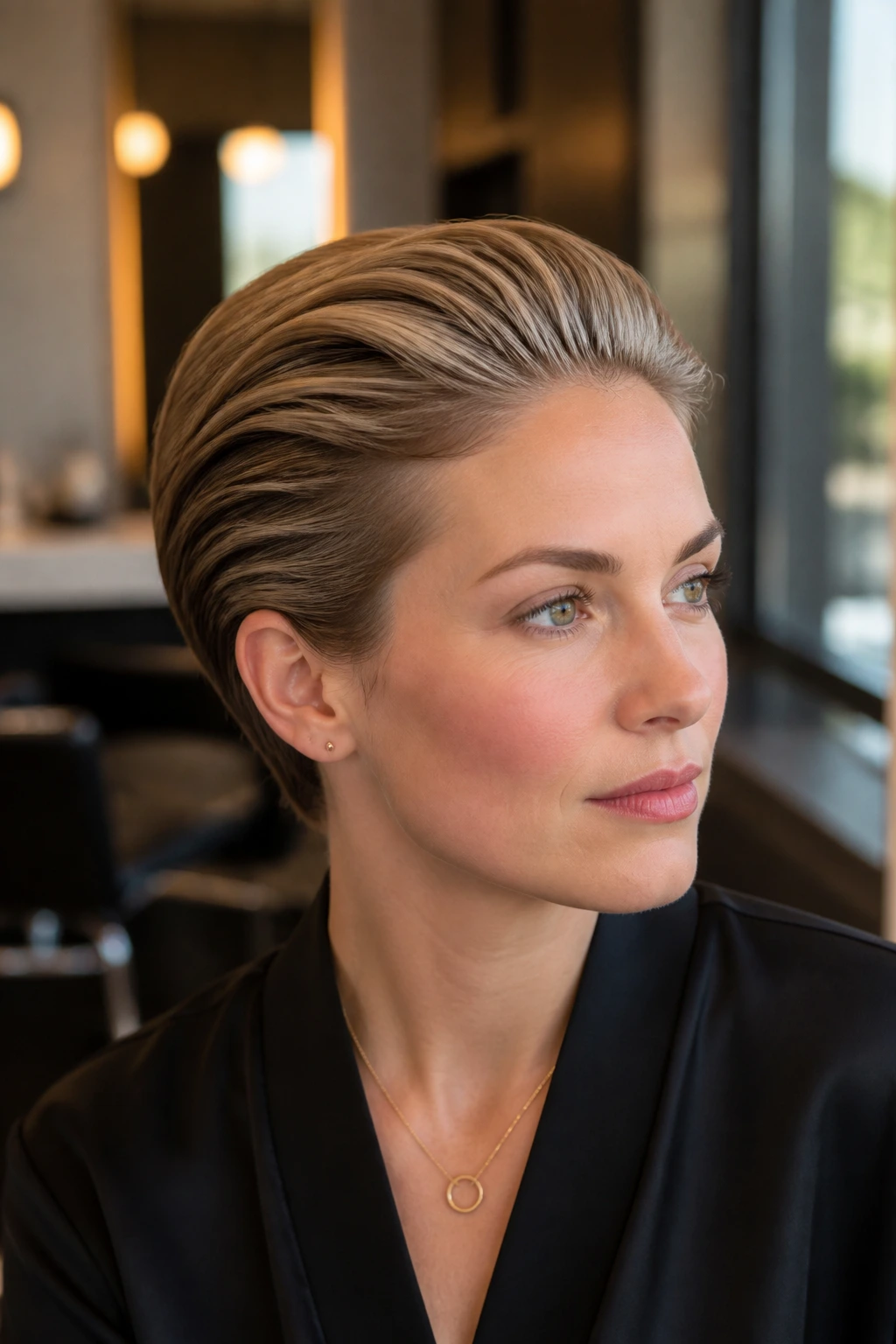 Close-up portrait of a real person with slicked-back short cut and shine-boost babylights under window light