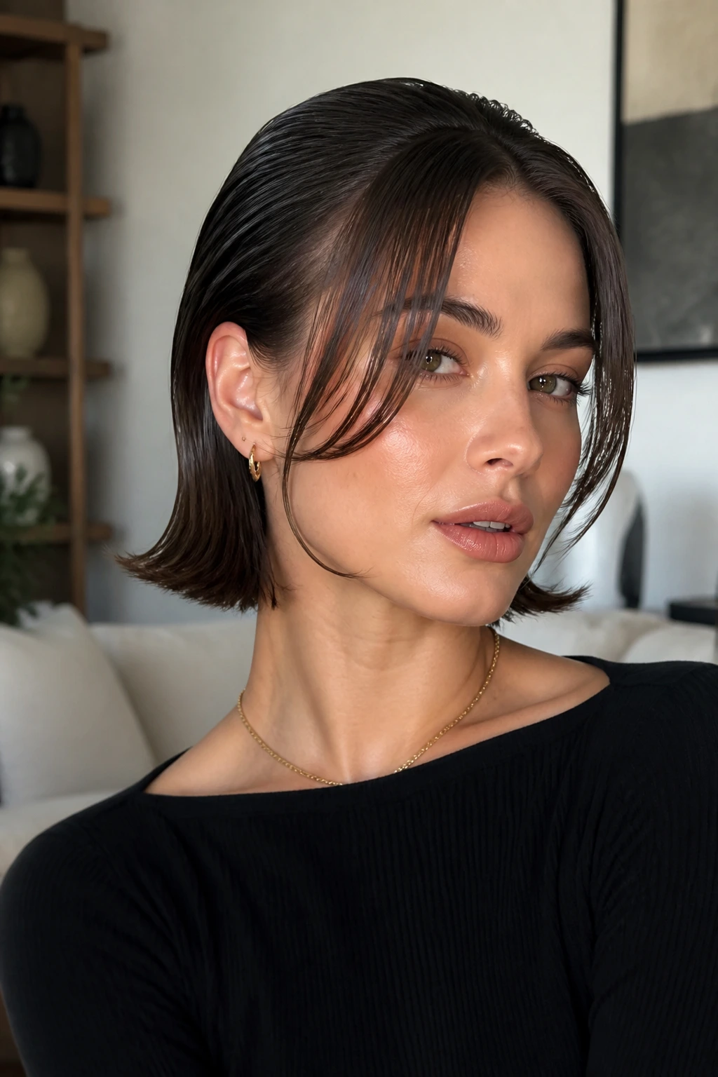 Close-up of a woman with slicked-back bob and loose curtain bangs.