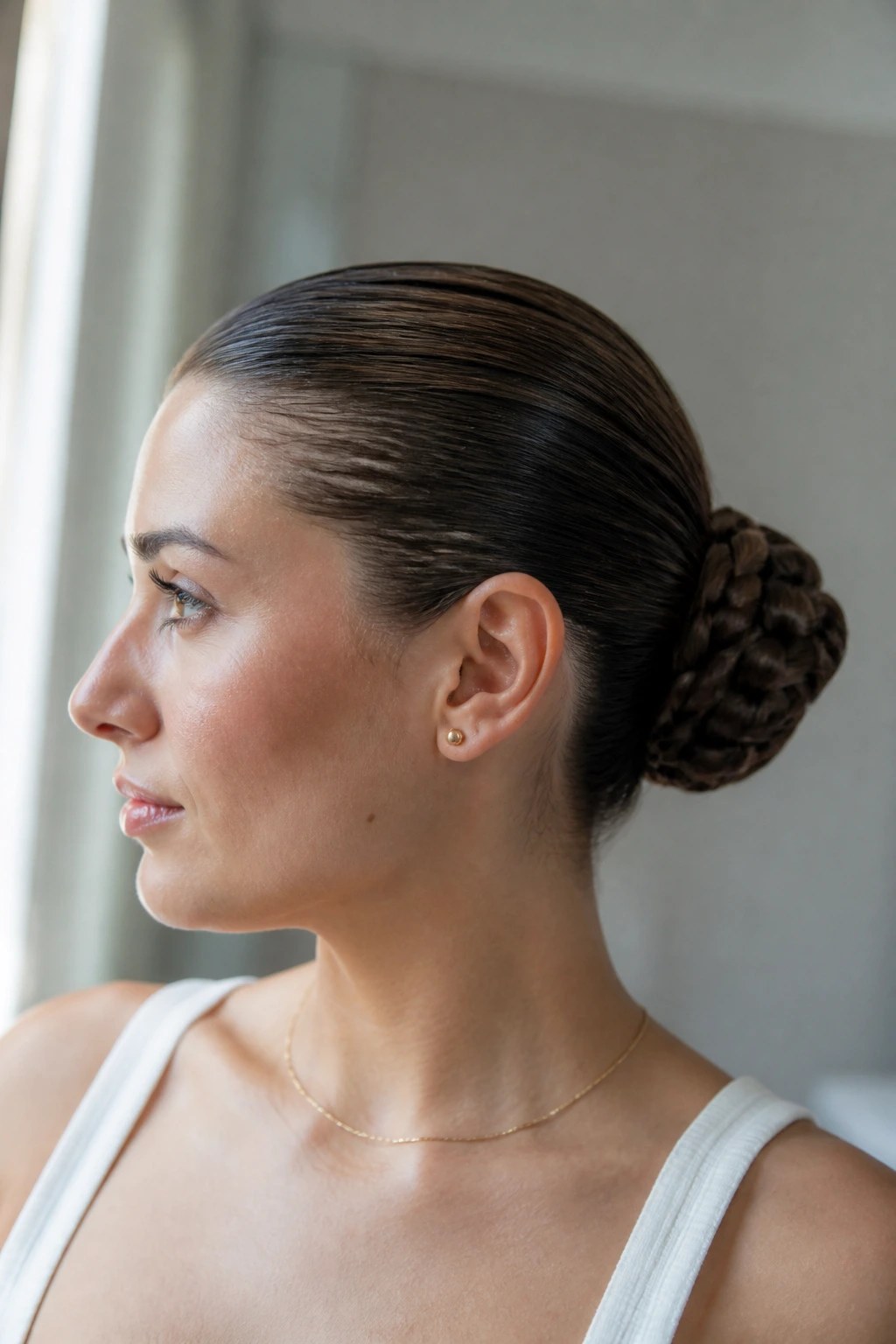 Close-up of a real woman wearing a slicked-back braided bun to stay neat in humidity