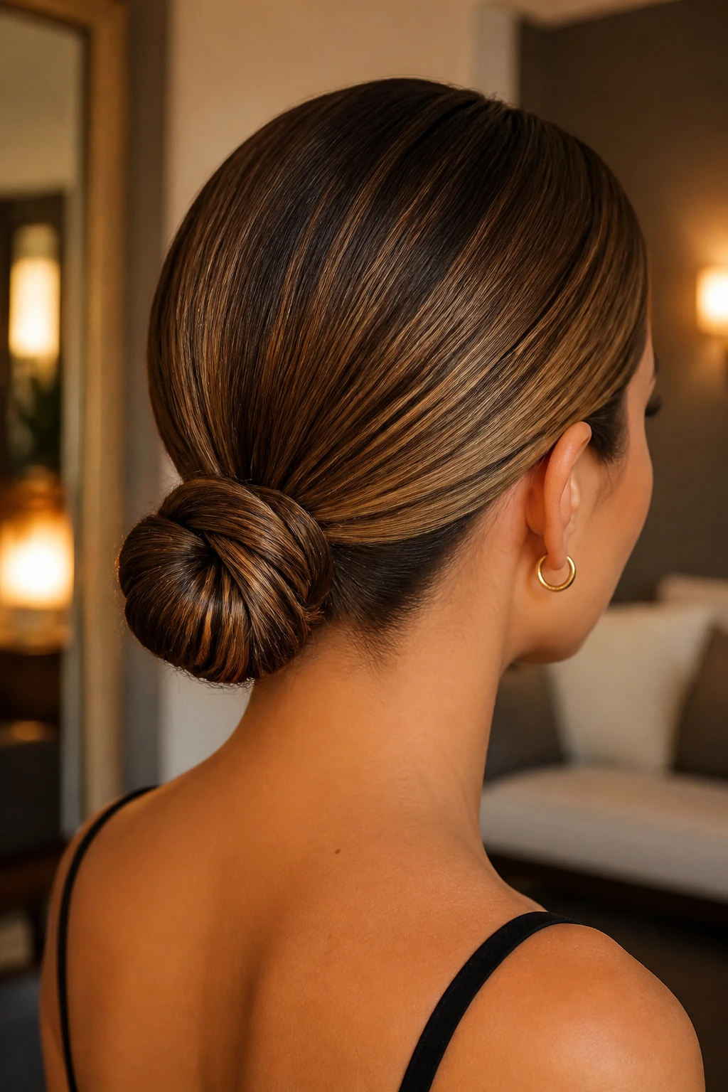 Real woman with a slicked-back low bun and caramel glow hairstyle