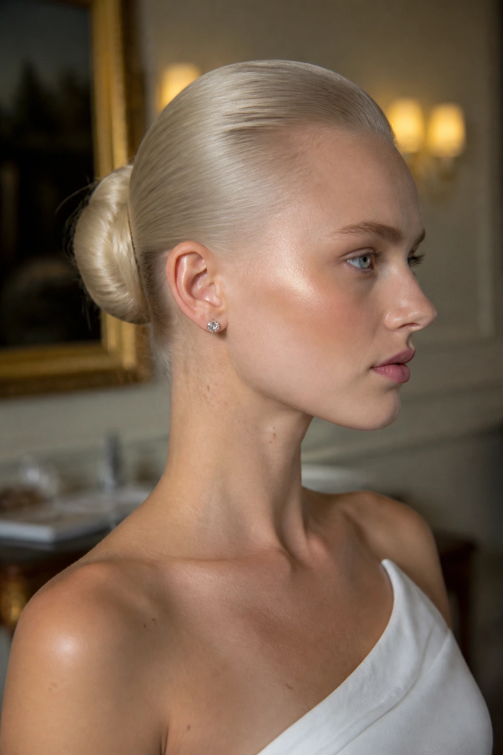 Close up of a real woman with a slicked back ice blonde bun in an elegant interior