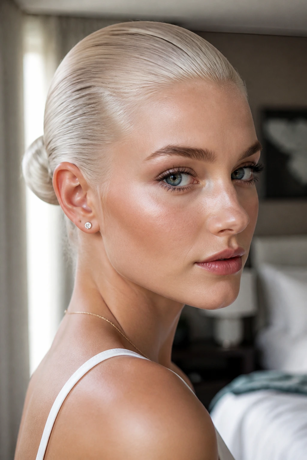Close-up of a real person with platinum slicked-back bun in a softly lit room