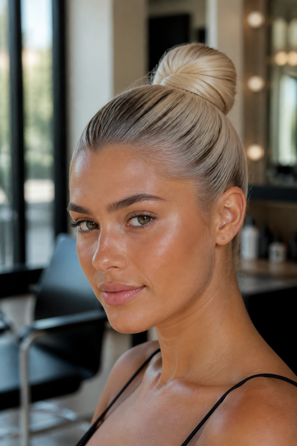 Close-up of a real woman with a slicked-back bun and subtle shadow root on tan skin.