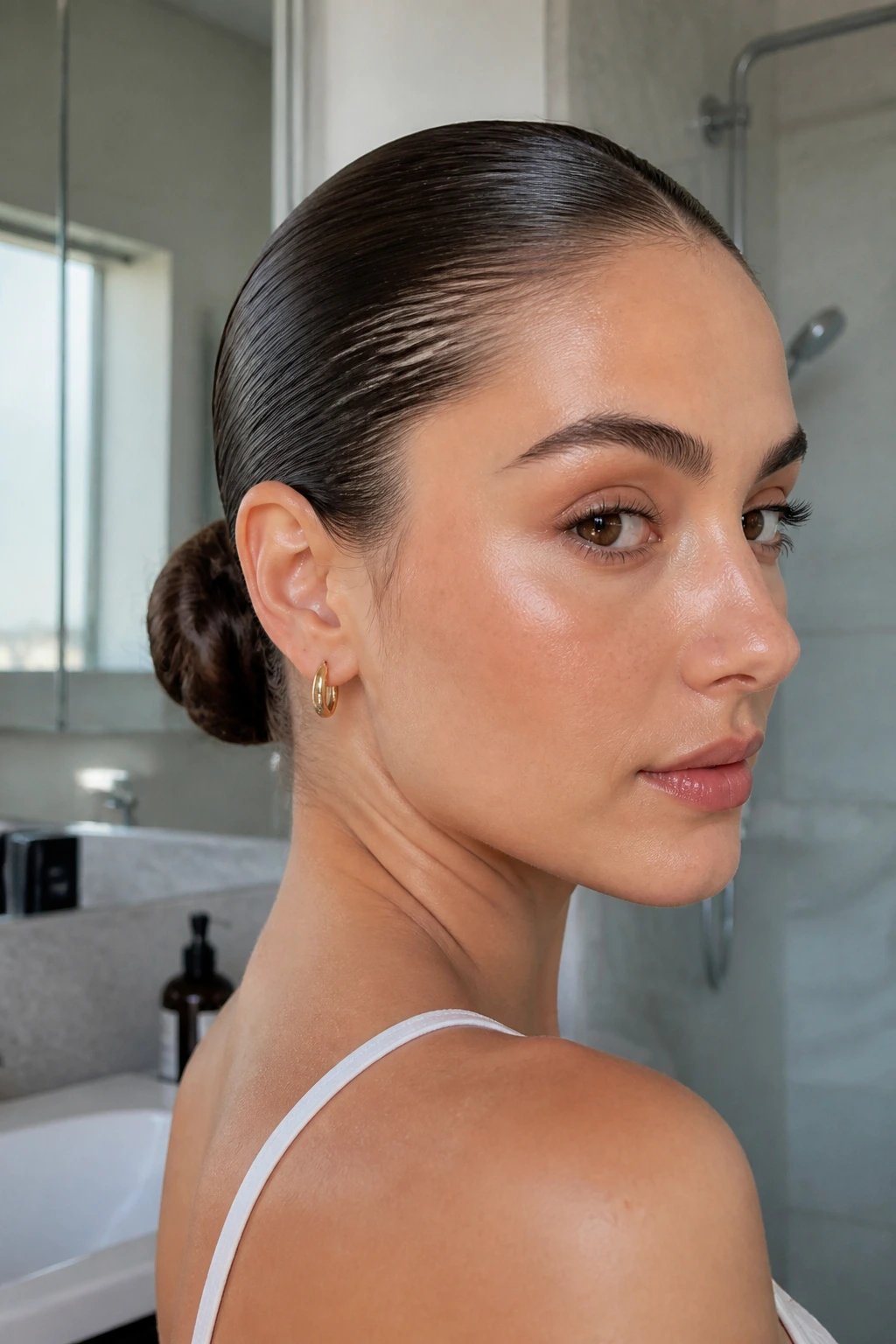 Portrait of a real woman with a glossy slicked-back bun at the nape