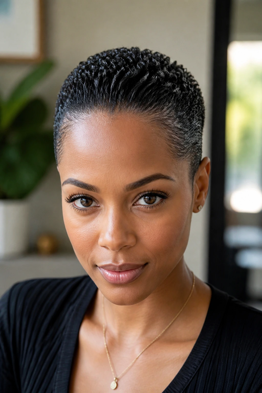 Close-up of a real woman with a slicked-back coil crop