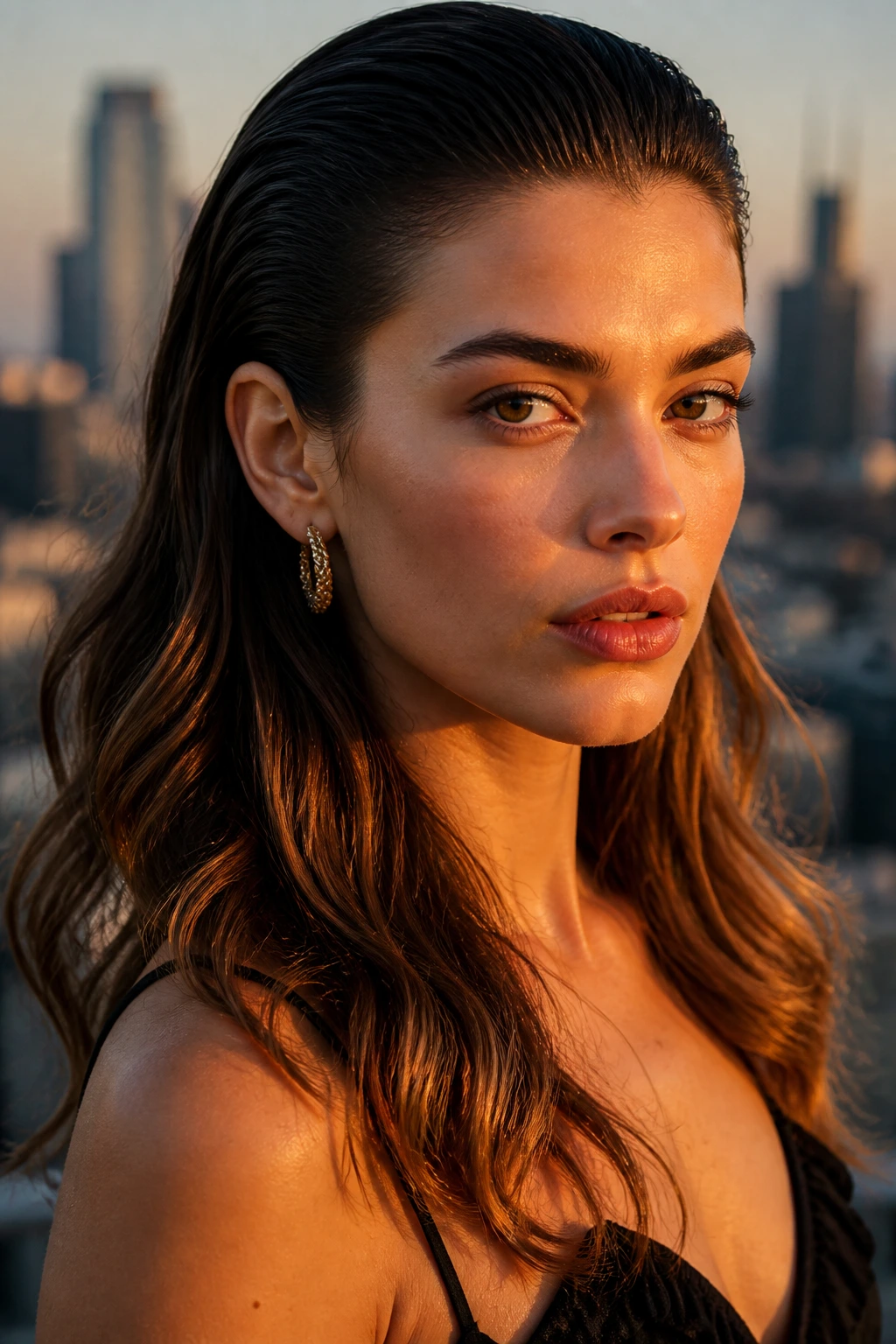 Close-up of a real woman with Slicked-Back Crown and Loose Length, crown slicked back and soft length below