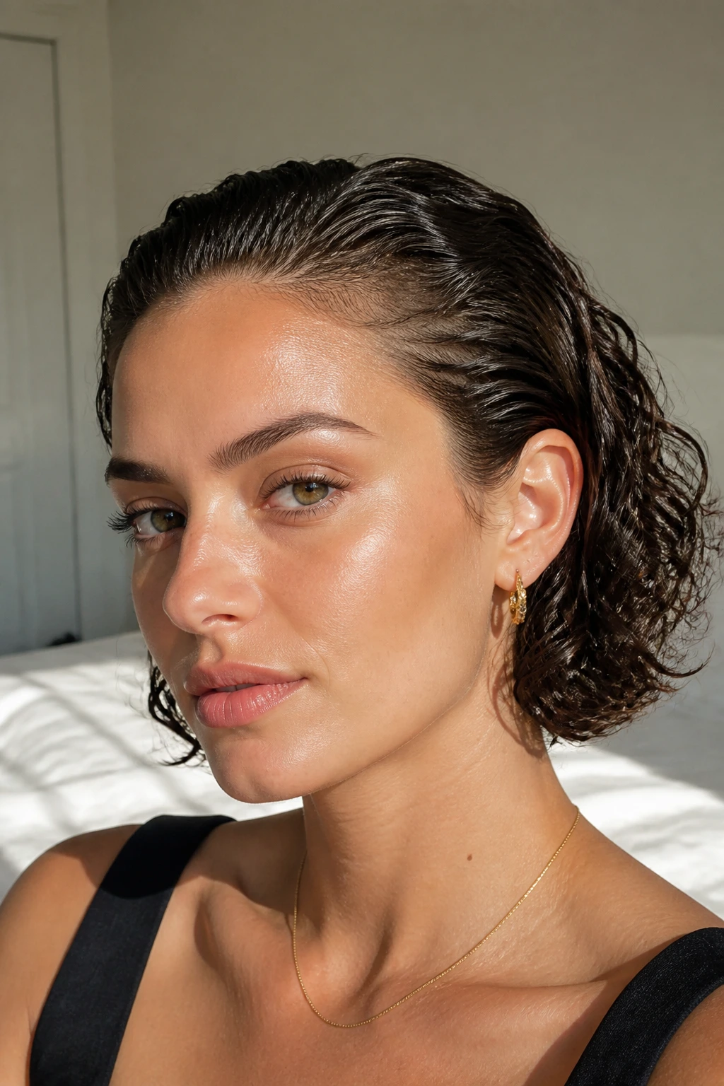 Close-up portrait of a woman with a slicked-back curly bob in a sunlit bedroom
