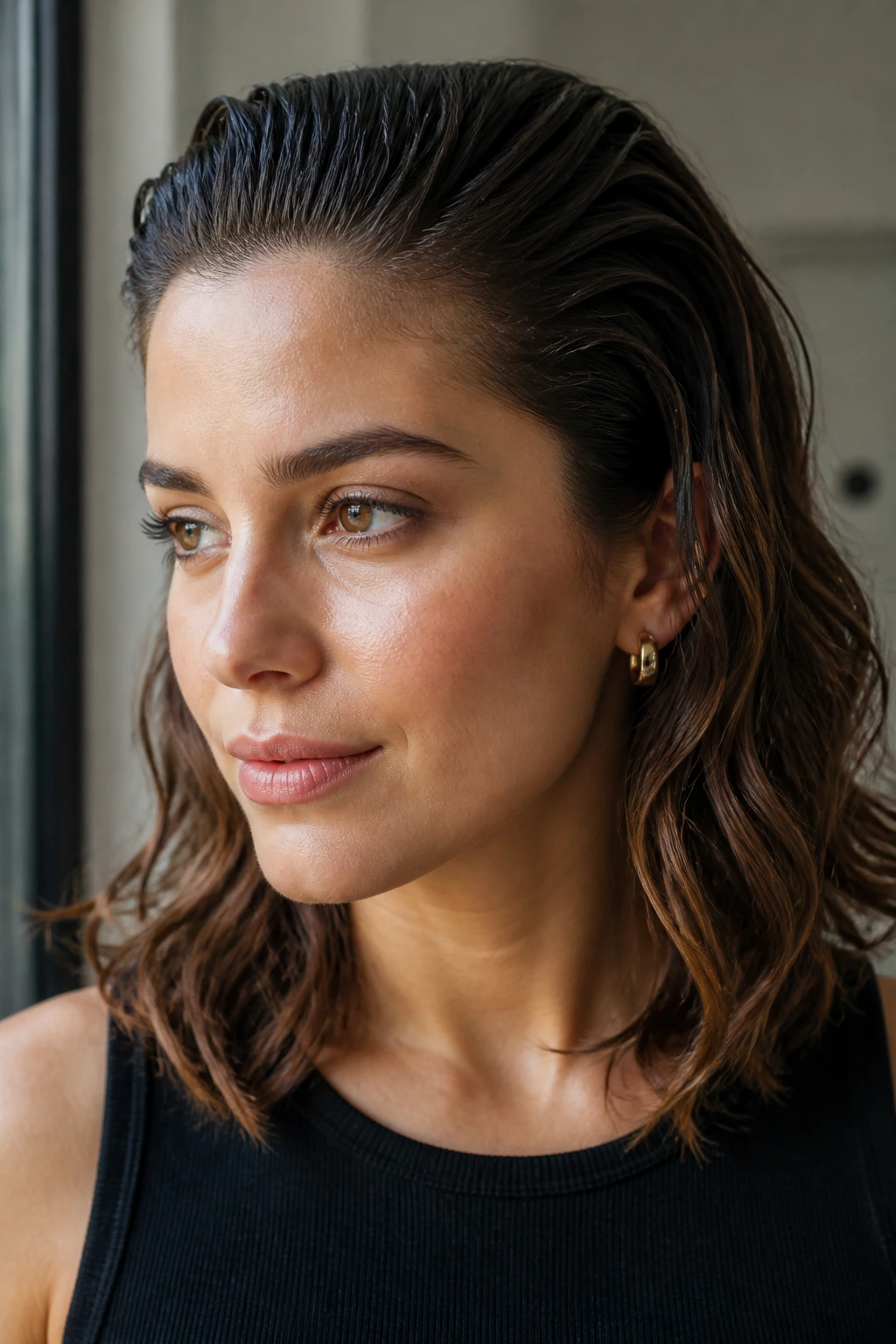 Portrait of a woman with slicked-back front and airy ends hair.