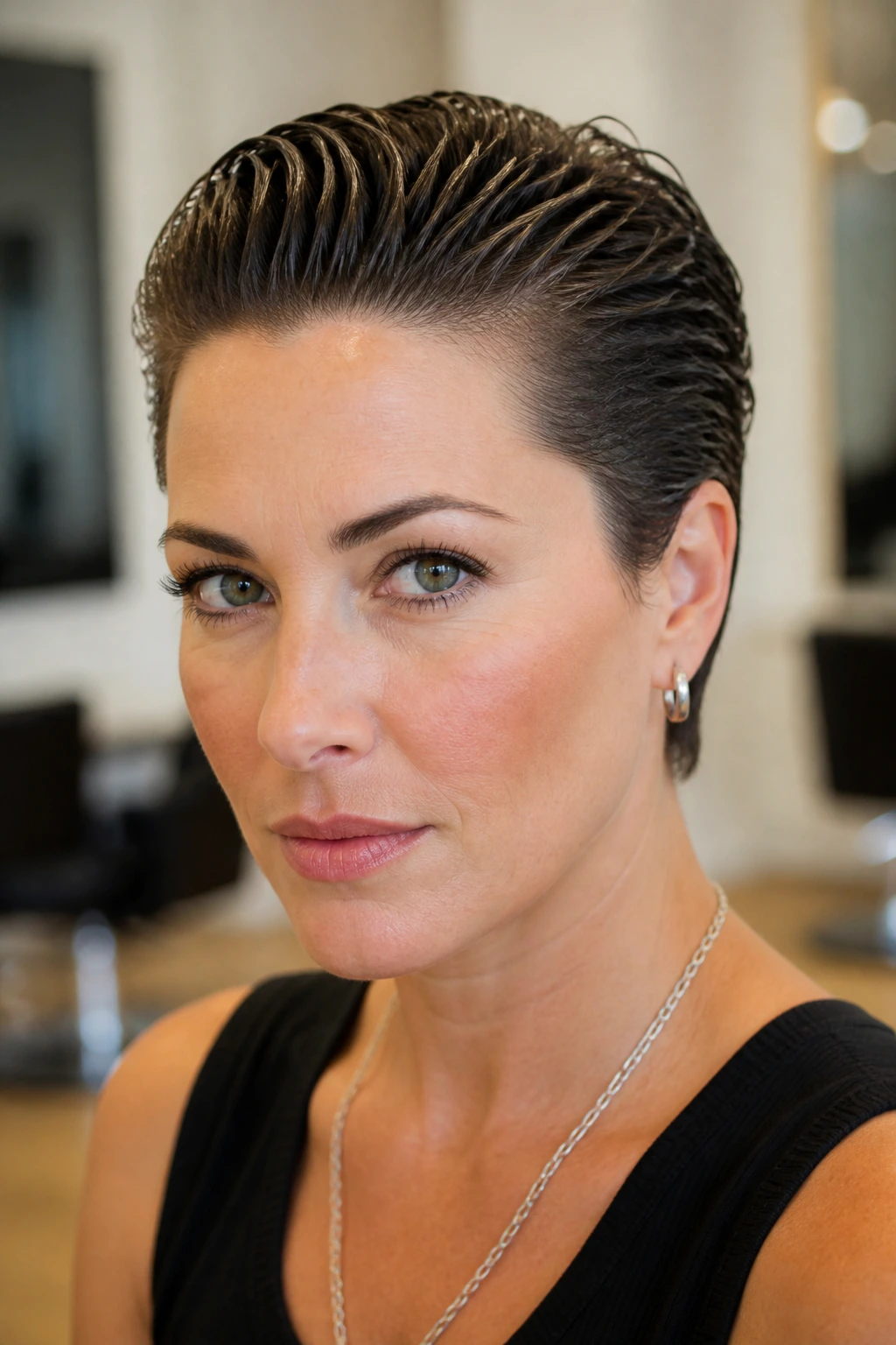 Close-up of a real person with slicked-back short hair in a modern salon