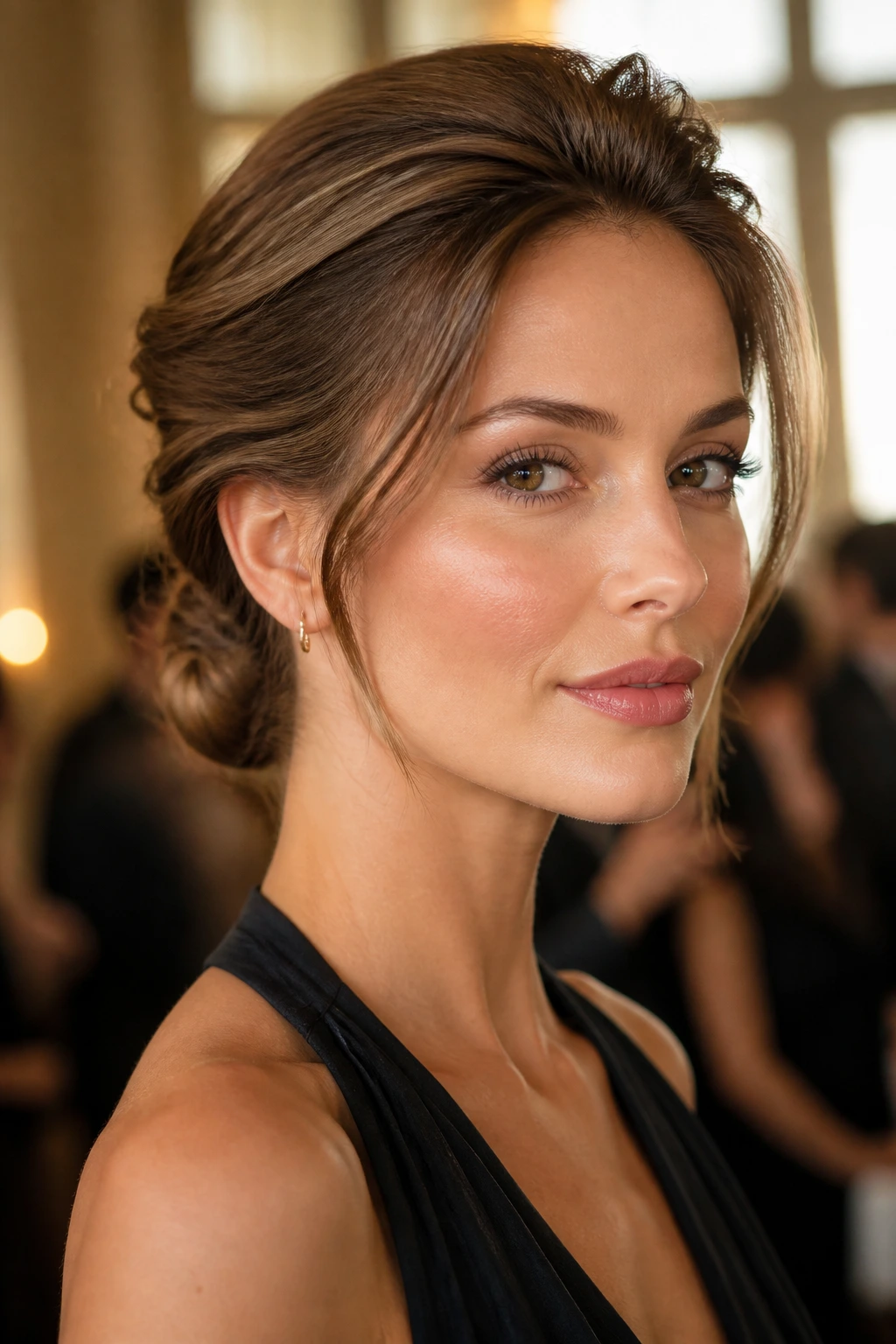 Close-up of a real woman with a slicked-back knot and soft side volume at the temples.