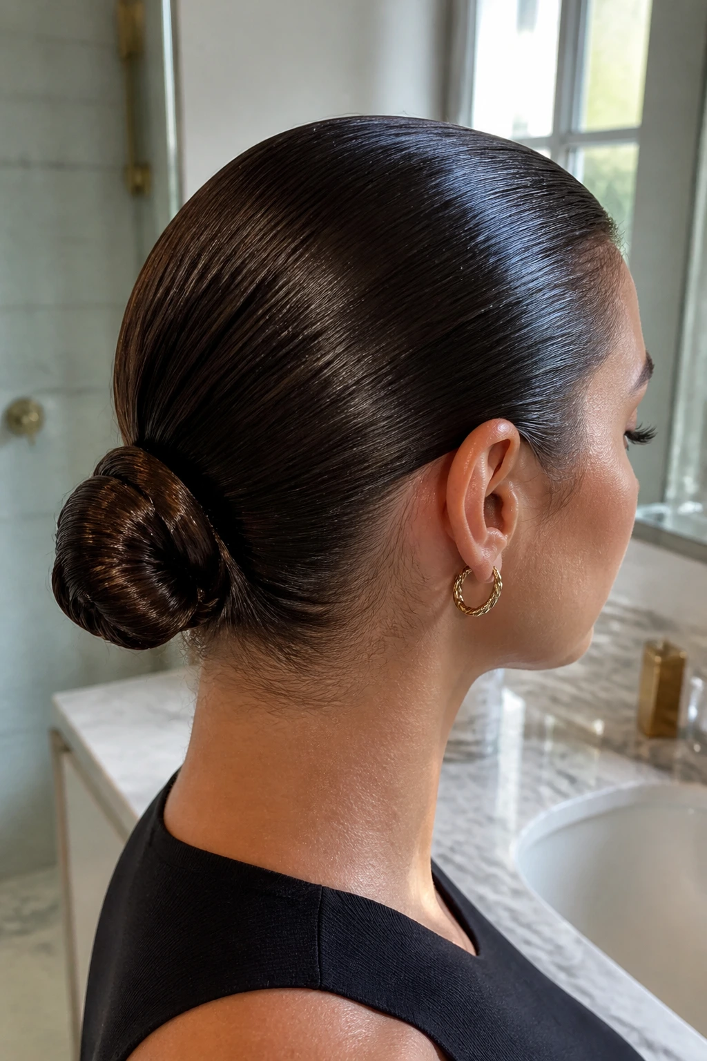 Close-up of real person with slicked-back wet-look knot hairstyle