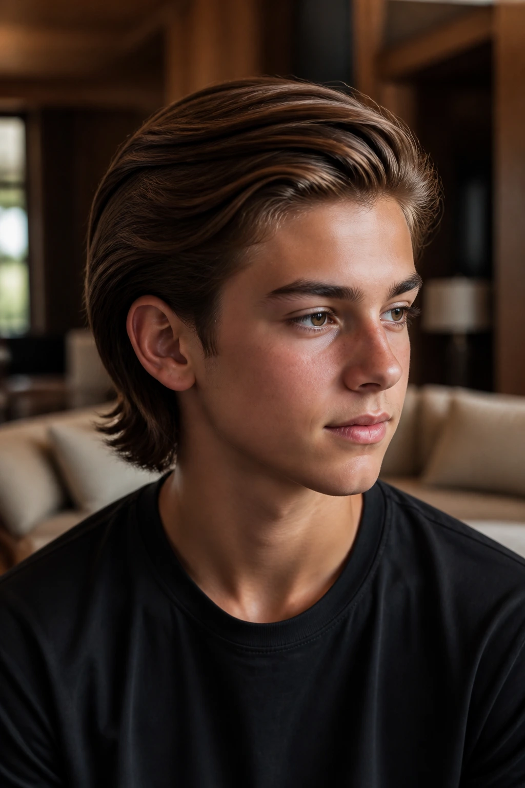 Close-up of real boy with slicked-back length and soft side part in matte finish