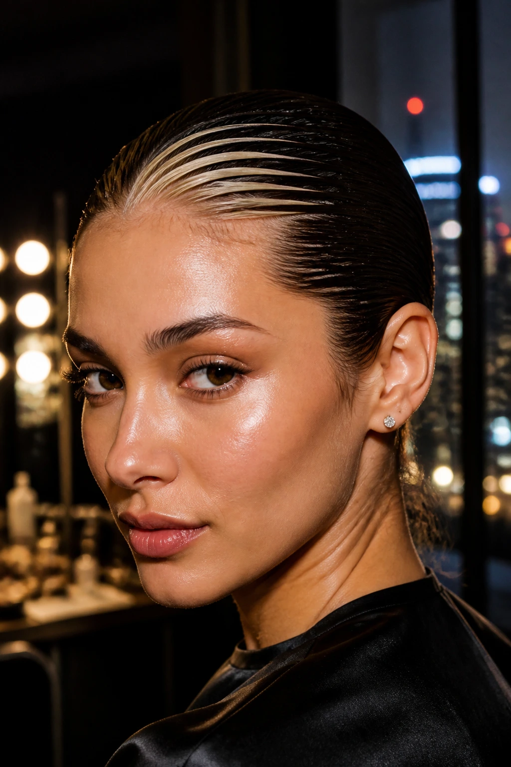 Woman with slicked-back wet look and bright money strip.