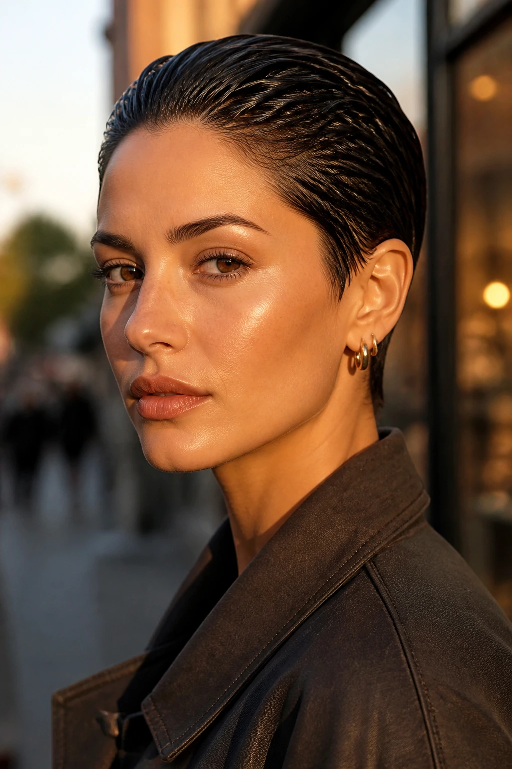 Portrait of a real woman with a glossy slicked-back pixie hairstyle