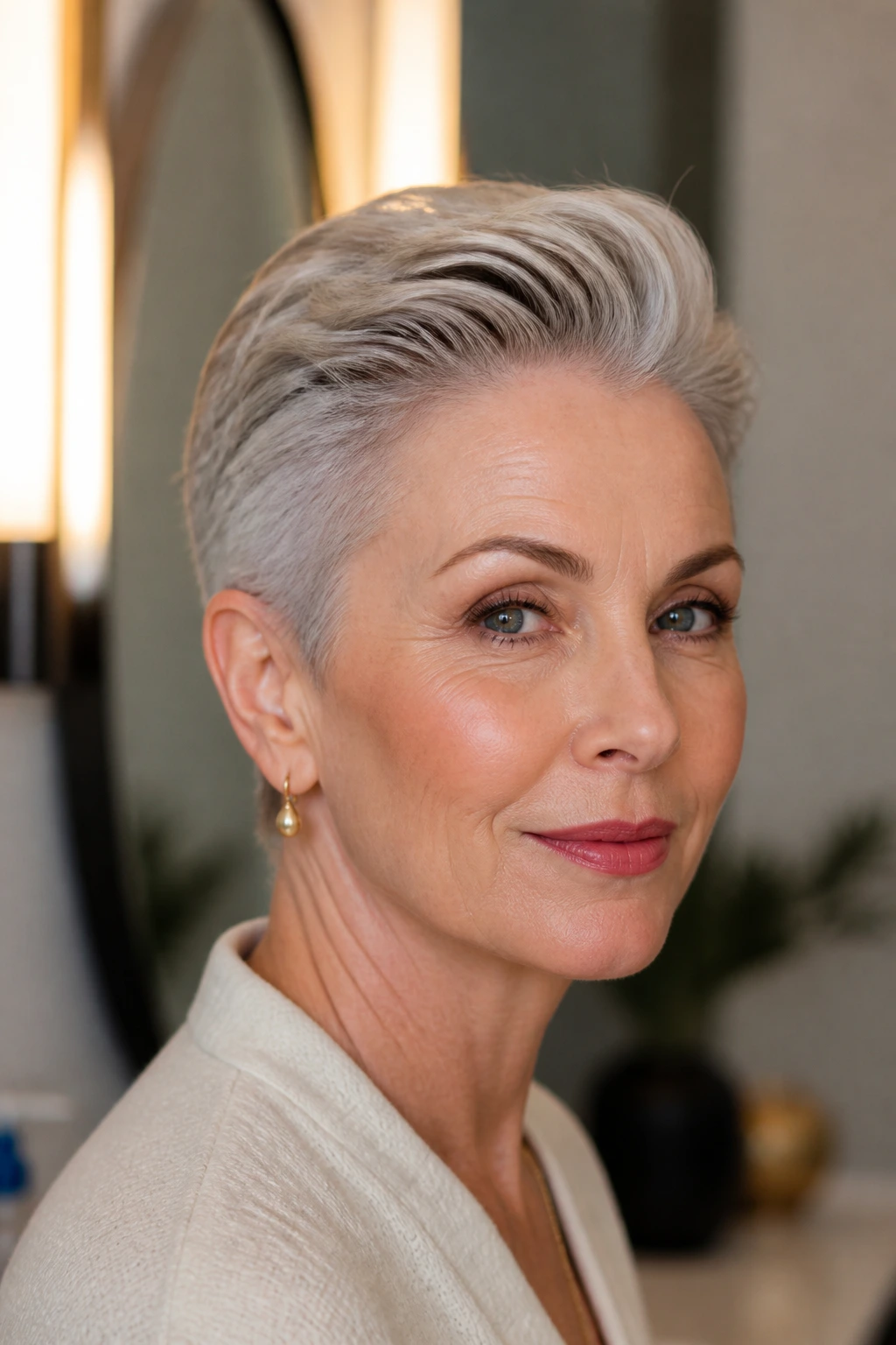 Close-up of a real woman with a slicked-back pixie under soft interior lighting