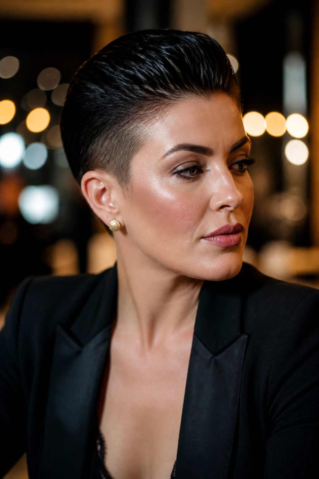 Portrait of a real woman with slicked-back pixie and tapered sides