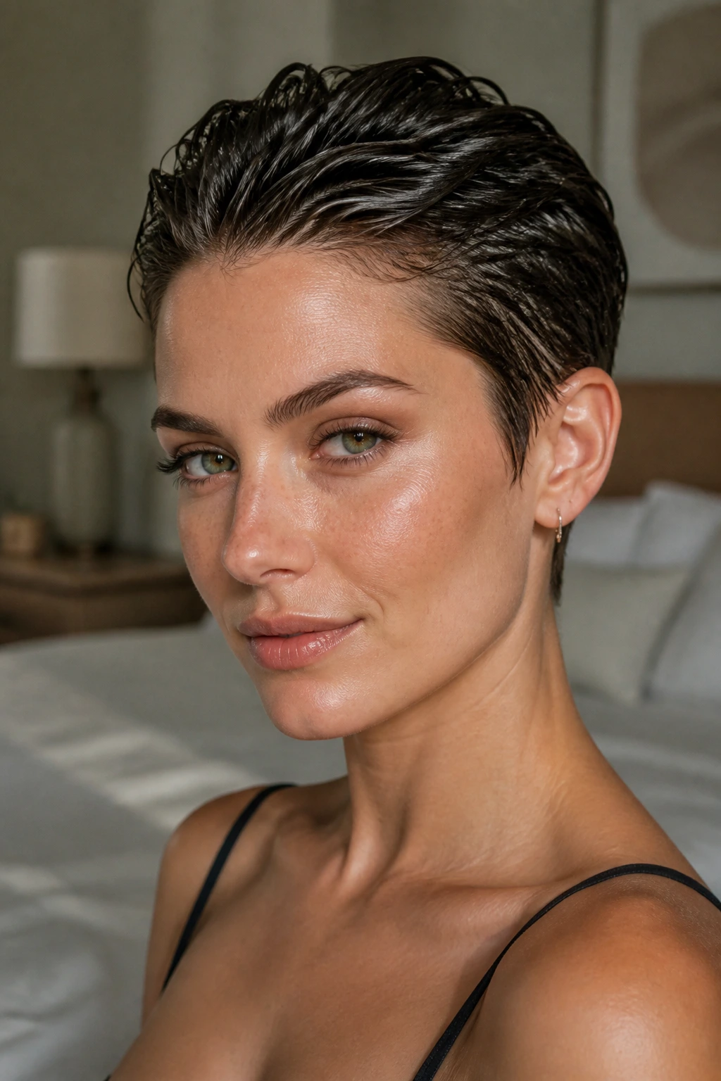 Close-up portrait of a real woman with a slicked-back pixie hairstyle in warm window light