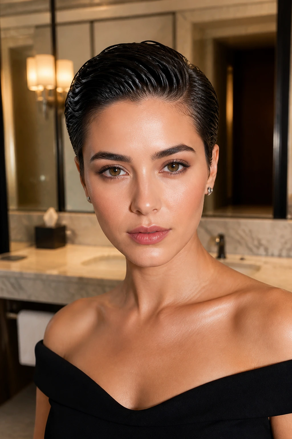 Close-up portrait of a real woman with a slicked-back wet look pixie