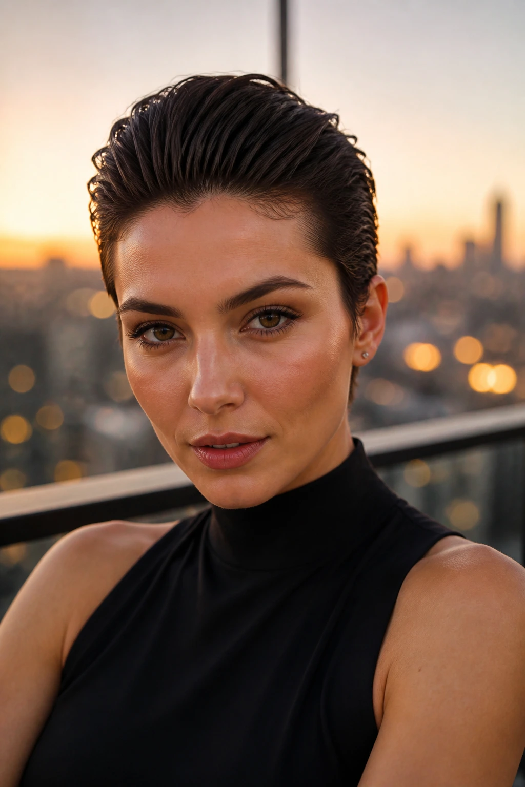 Close-up of a real woman with a slicked-back pixie showing strong facial features