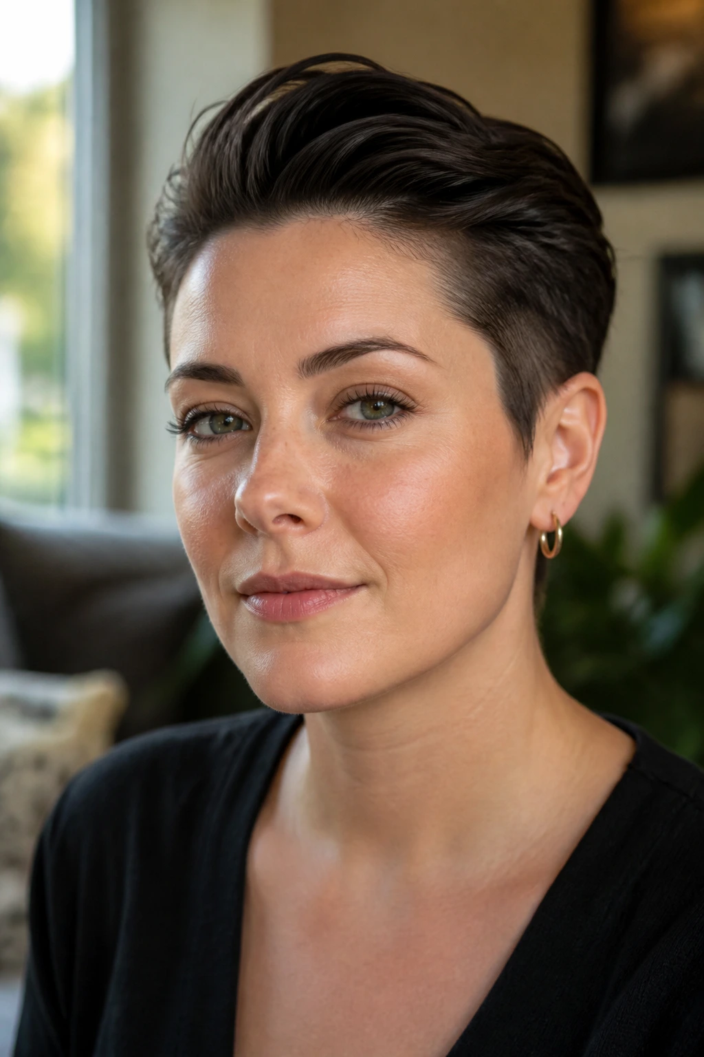 Close-up of a real woman with a slicked-back pixie and a 3-inch top in warm window light