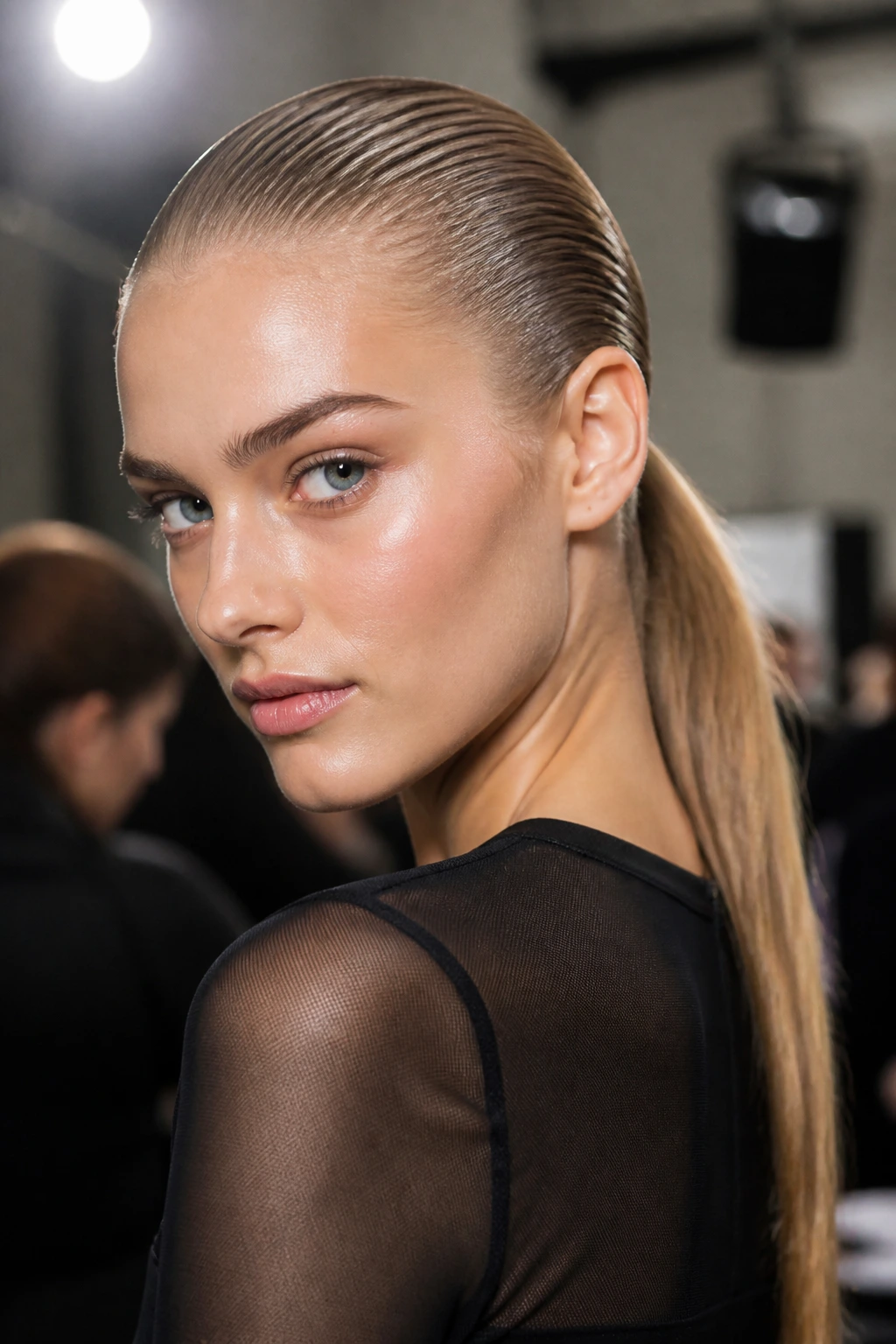 Portrait of a woman with a slicked-back wet-look ponytail and glossy hair