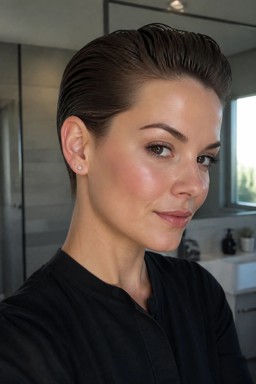 Close-up portrait of a real person with a slicked-back short crop