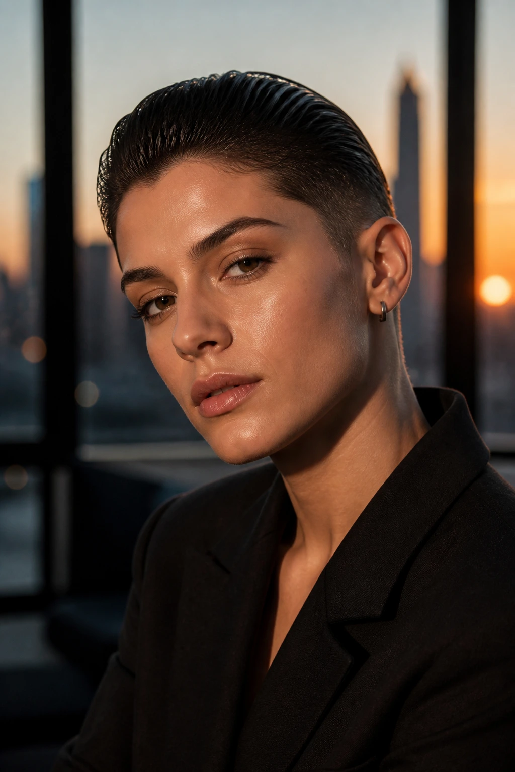 Close-up of a real person with a slicked-back short crop showcasing a shiny, flat-back hairstyle