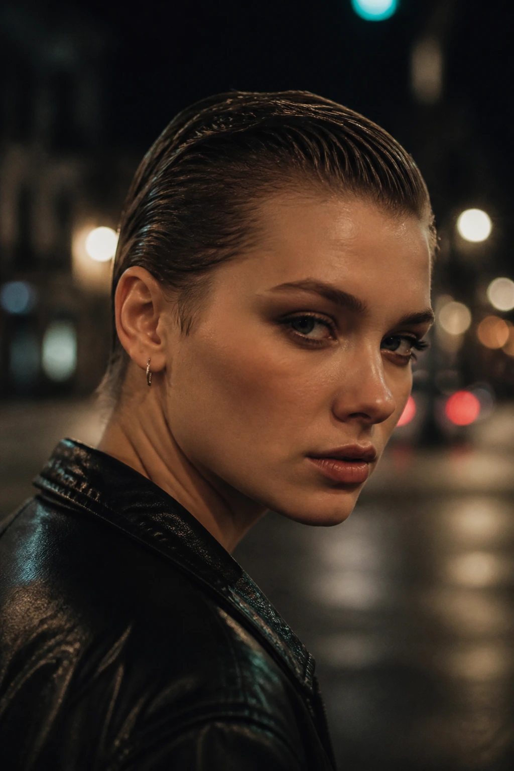 Close-up portrait of a real woman with a slicked-back short crop at night.