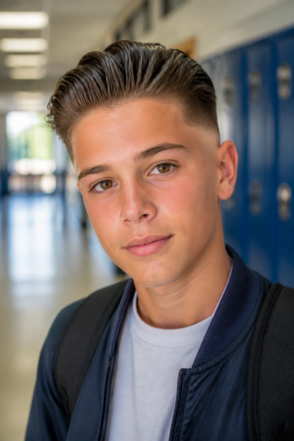 Close-up of a real boy with a light slicked-back taper and gentle matte finish.