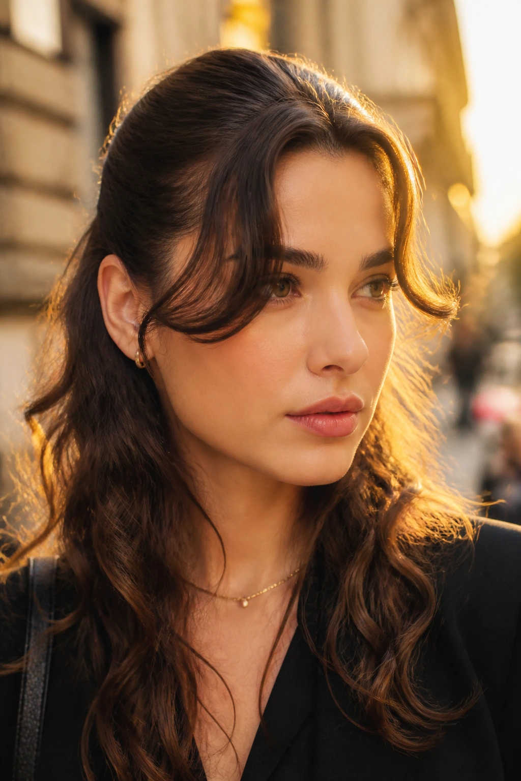 Close-up portrait of a real woman with slicked-back top and curved bangs