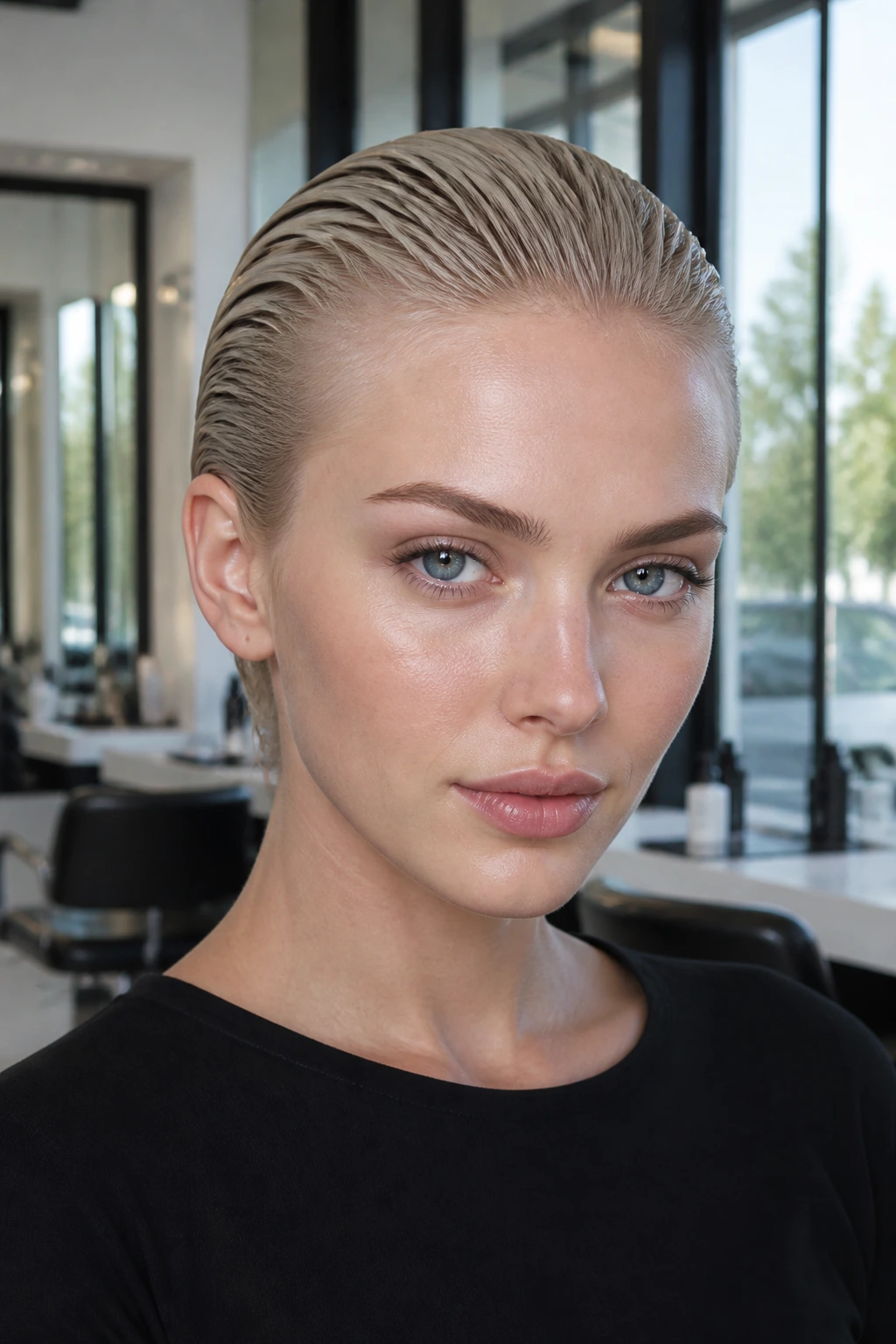 Close-up of a real person with a slicked-back wet-look hairstyle