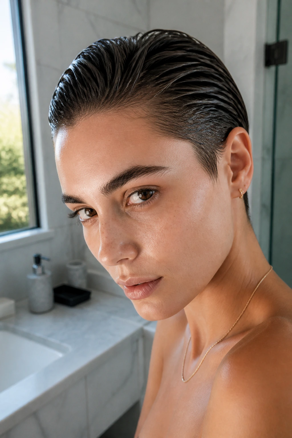 Close-up of a real person with a slicked-back wet-look crop