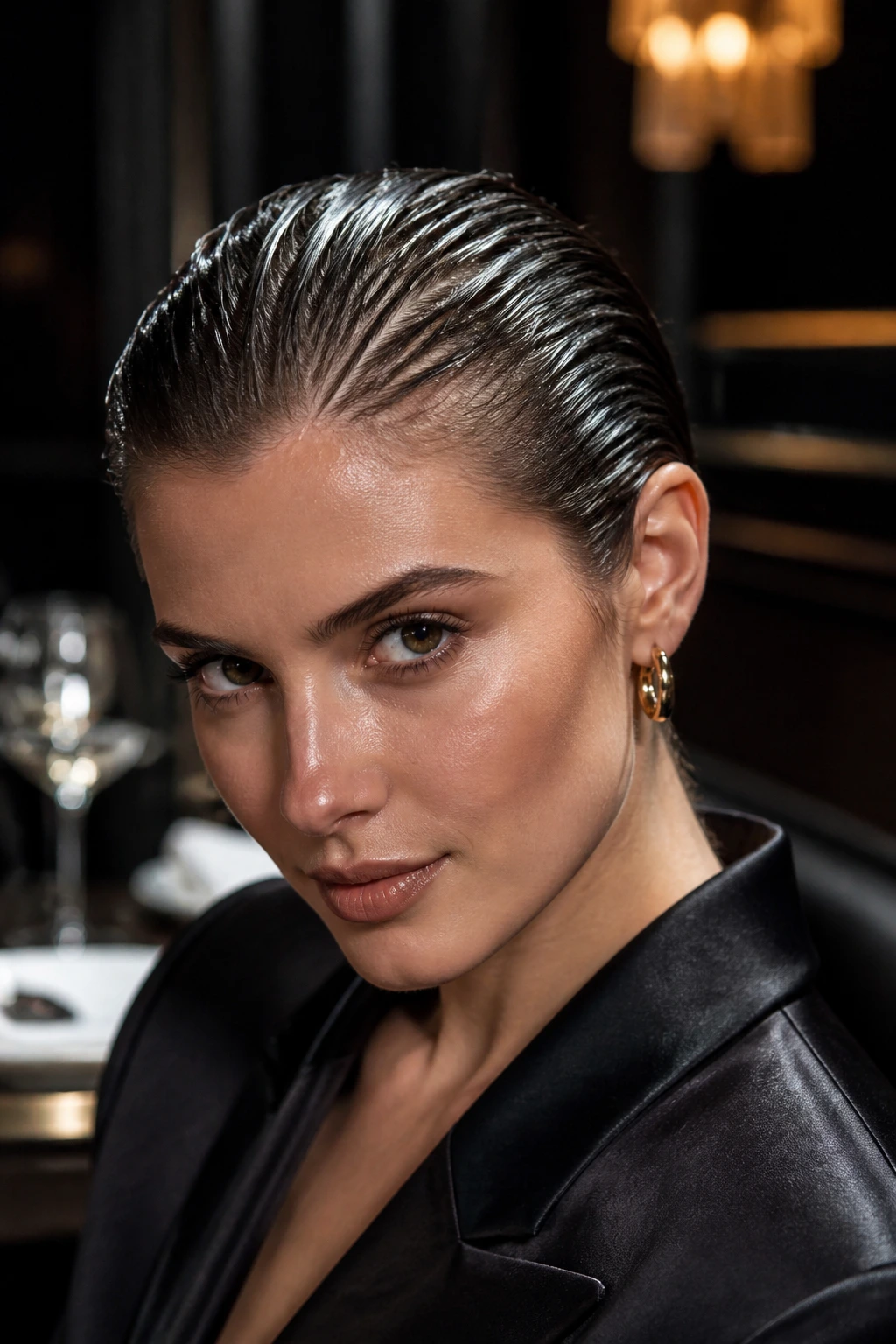 Close-up of a real woman with a Slicked-Back Wet Look in a restaurant