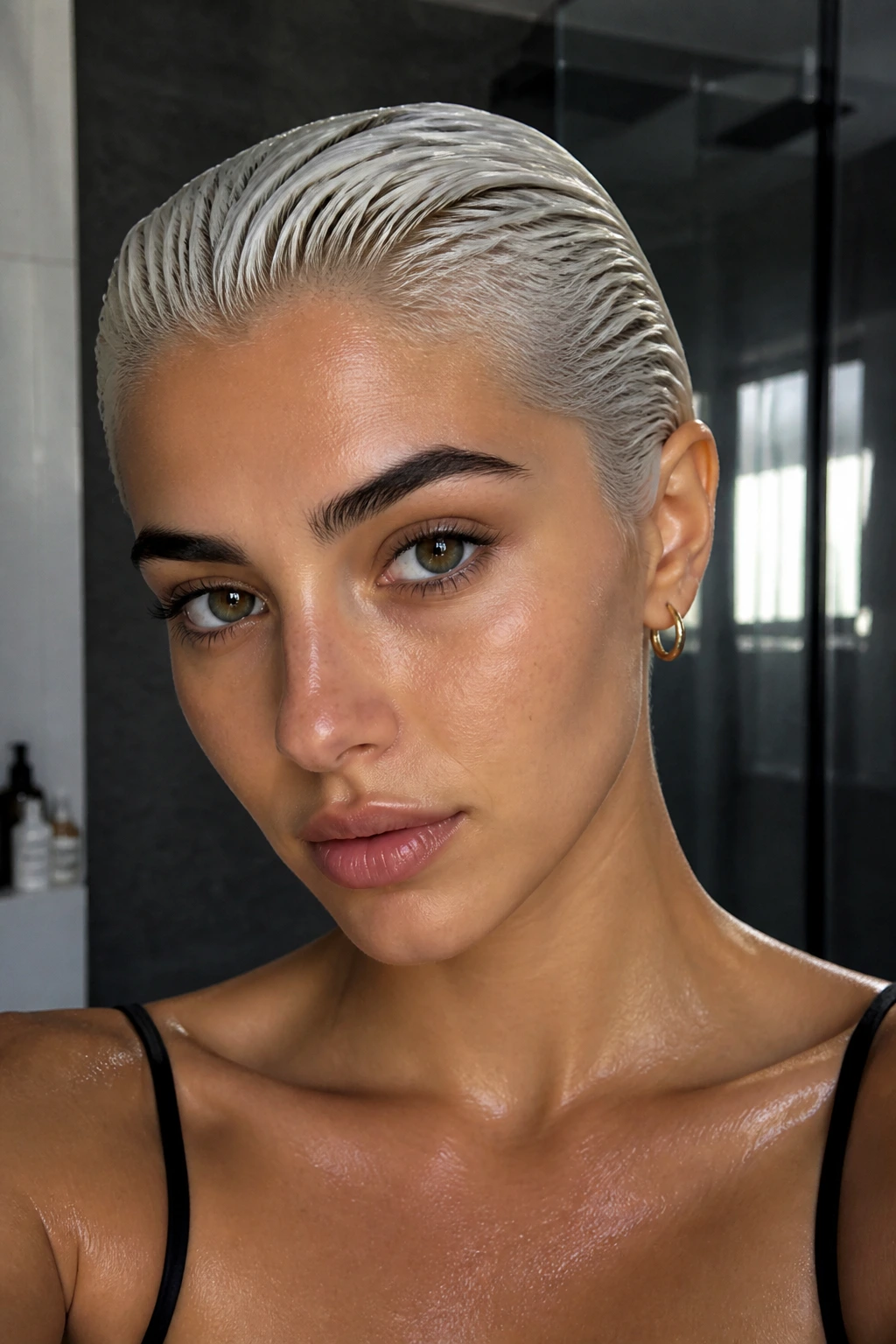 Portrait of person with slicked-back glossy platinum hair.
