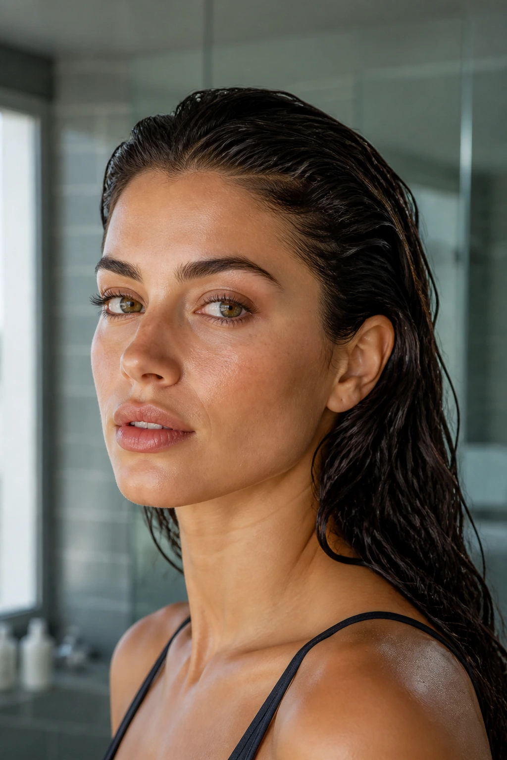 Portrait of a real woman with slicked-back wet look waves.