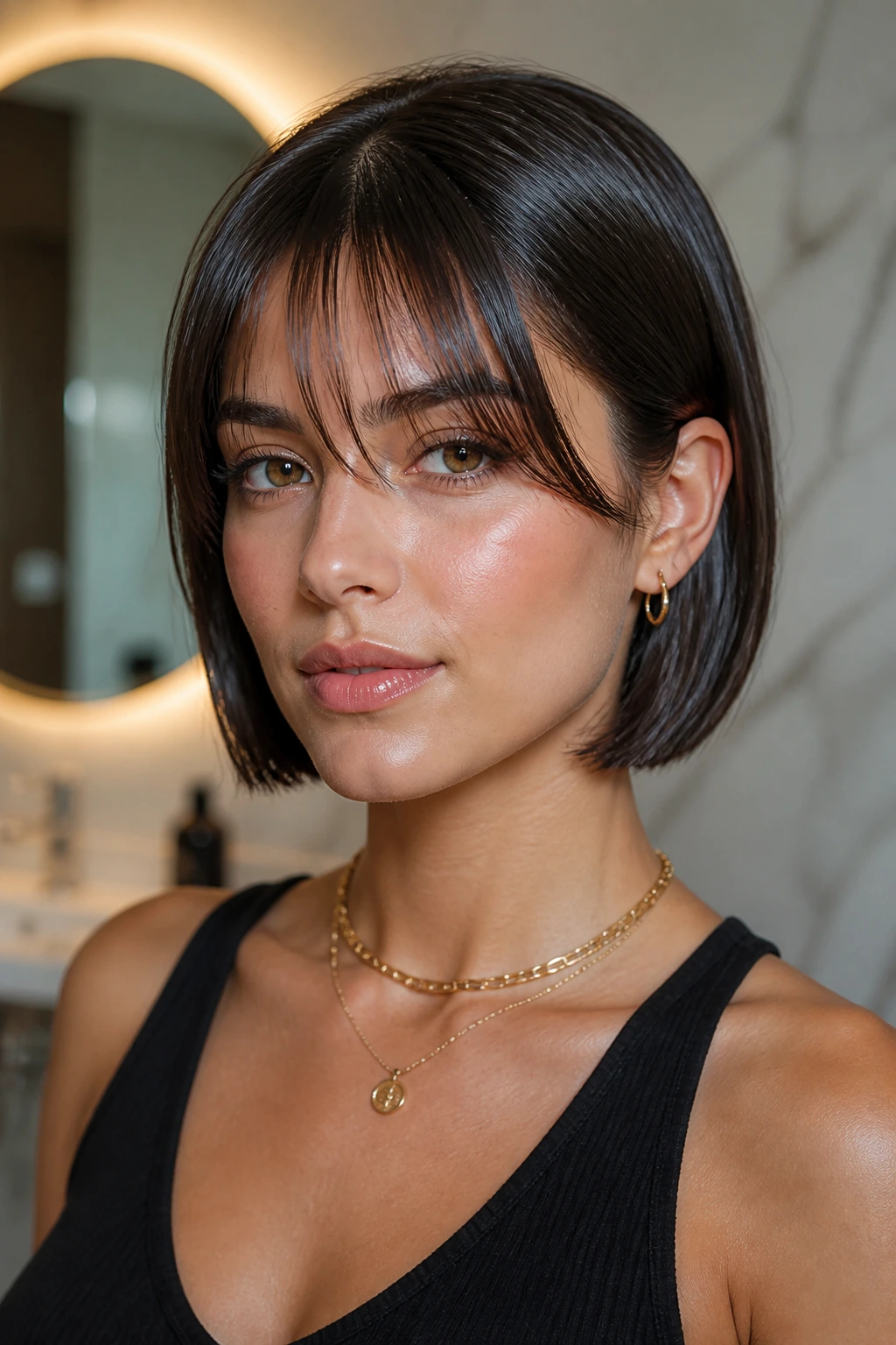 Close-up of a real woman with a slicked bob and whisper fringe in glossy finish