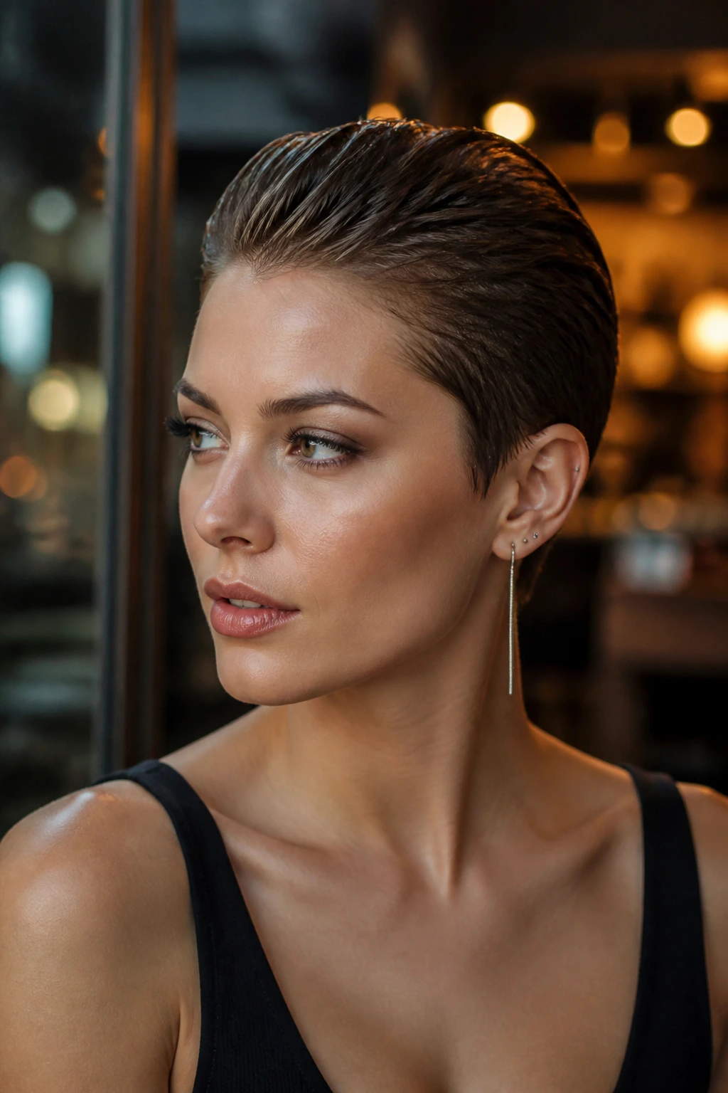 Close-up of a real woman with a slicked-back pixie hairstyle
